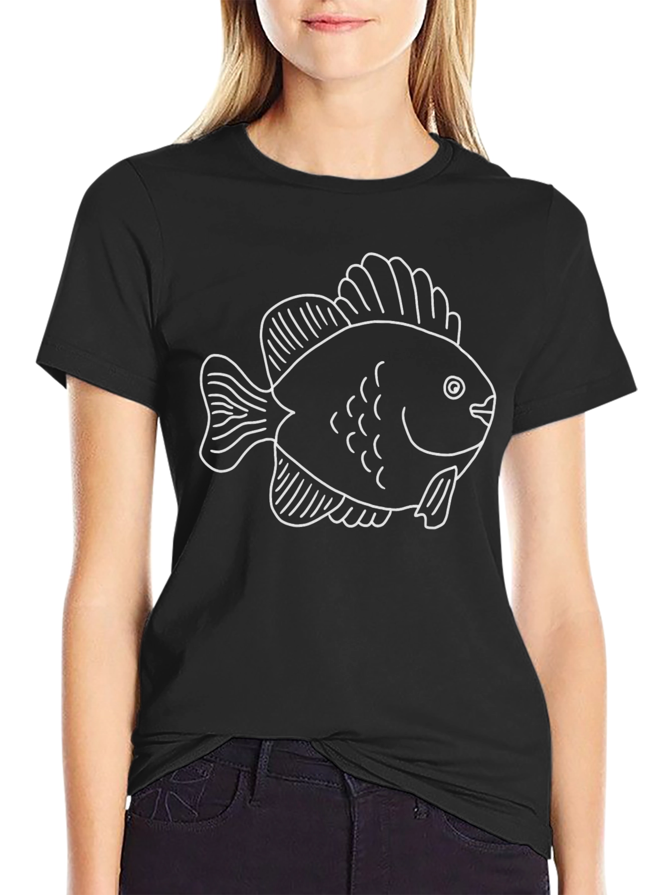 Black T-Shirt with White Fish Graphic