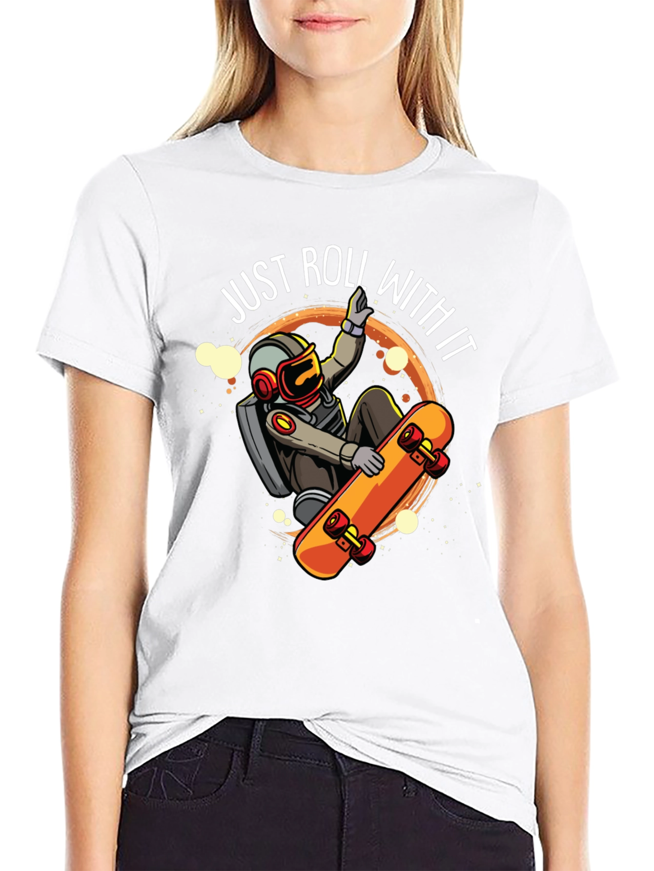 Just Roll With It Astronaut Skateboard Graphic Tee