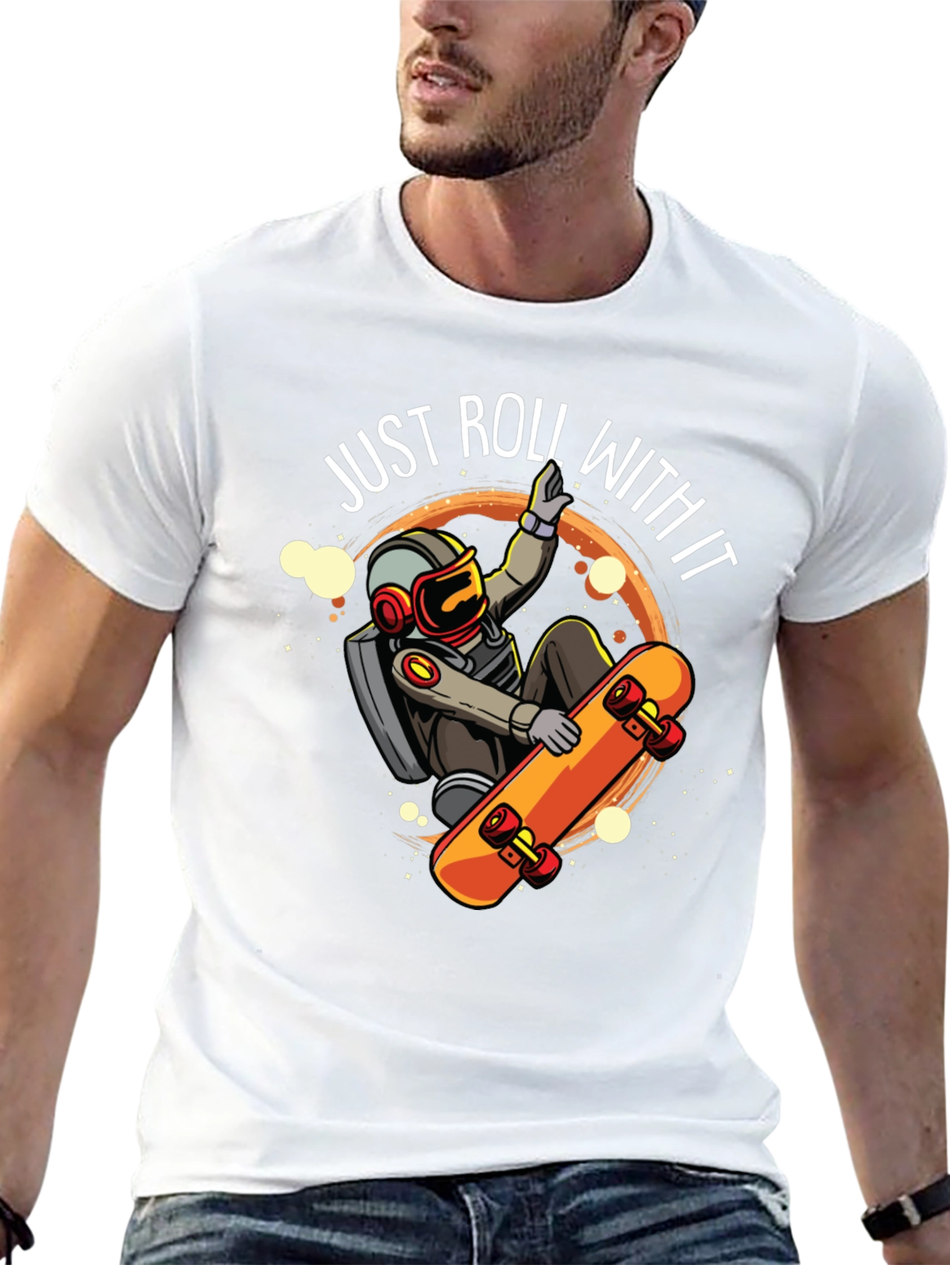 Just Roll With It Astronaut Skateboard Graphic Tee