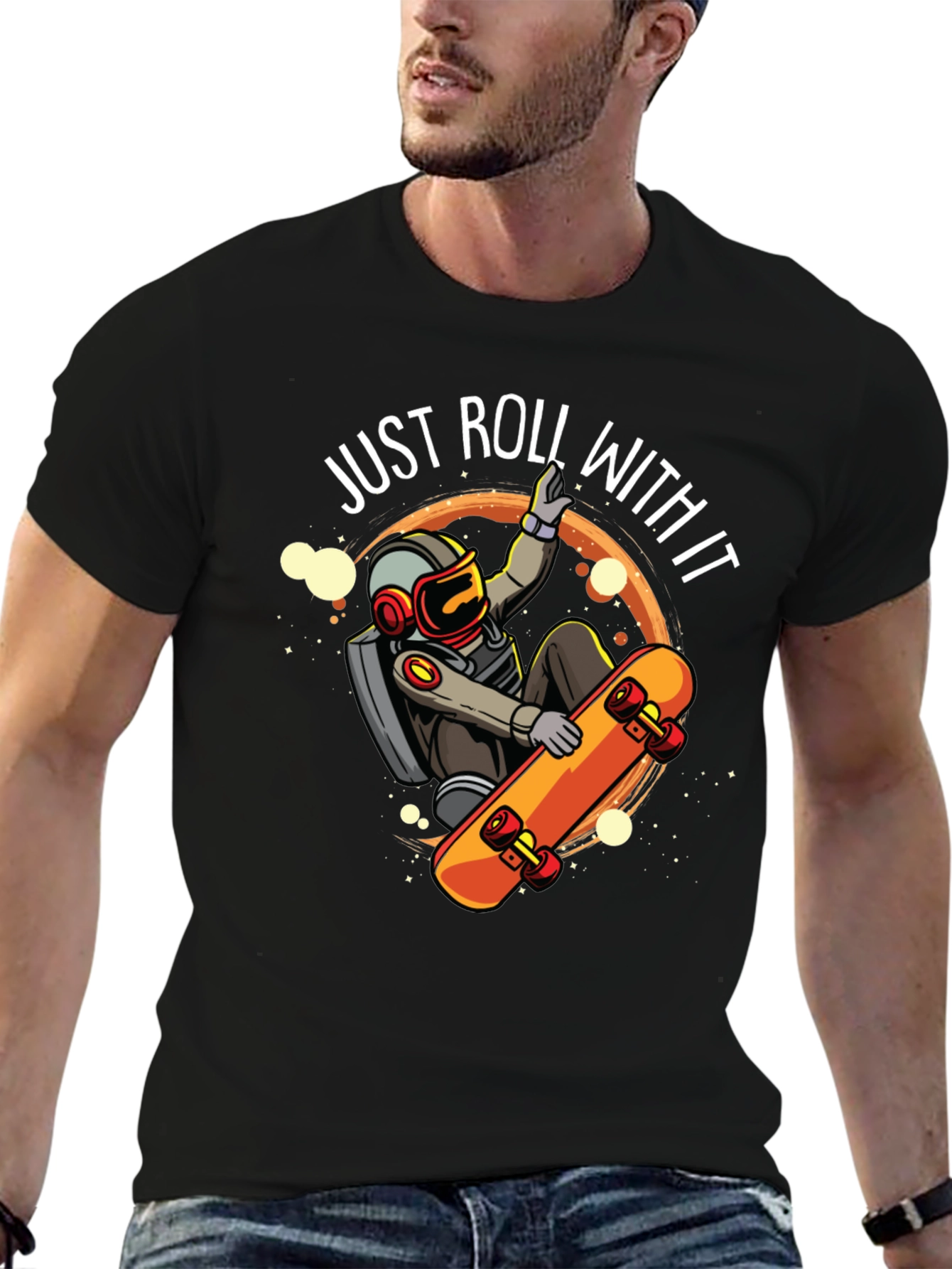 Just Roll With It Astronaut Skateboard Graphic Tee
