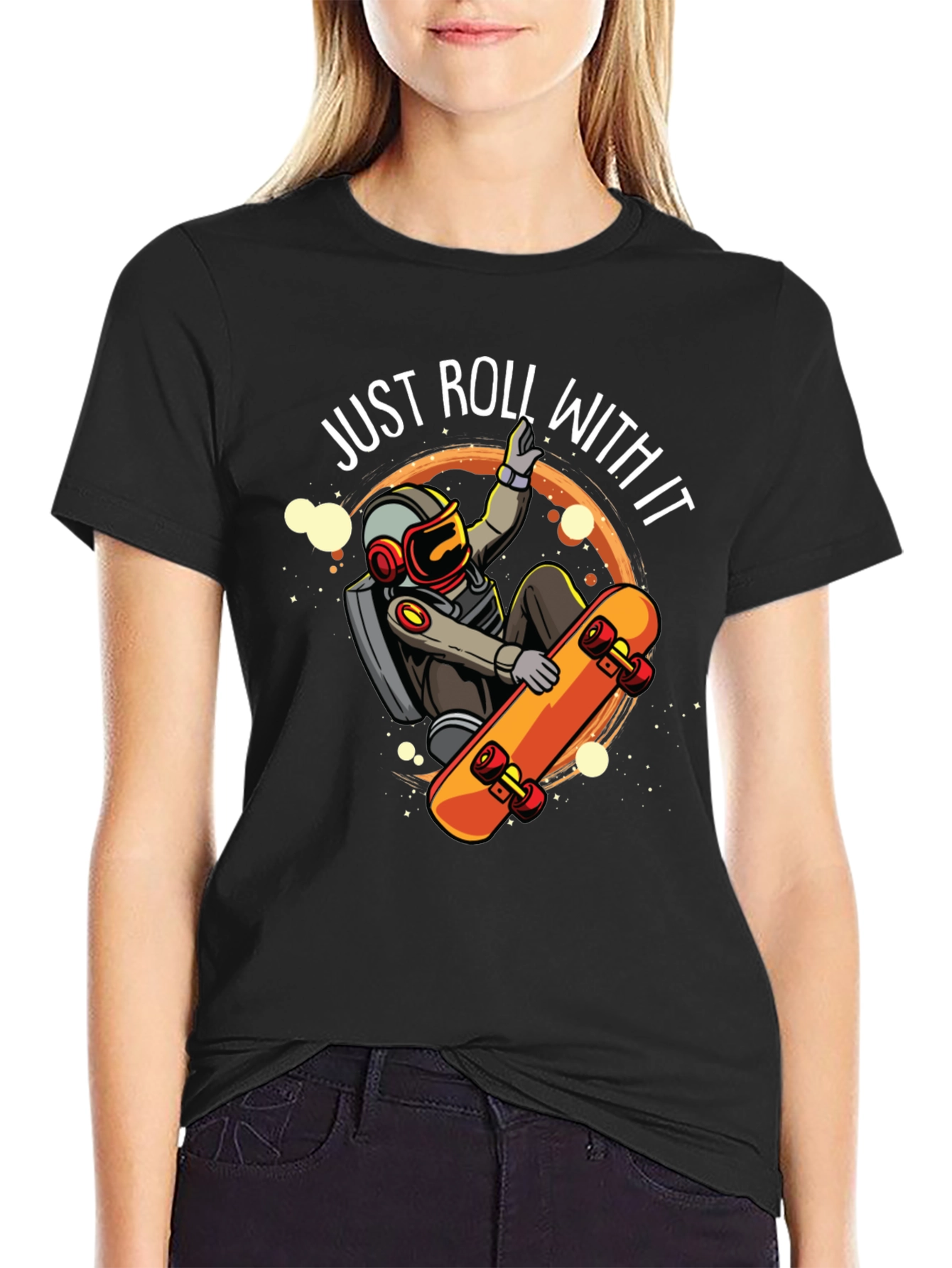 Just Roll With It Astronaut Skateboard Graphic Tee