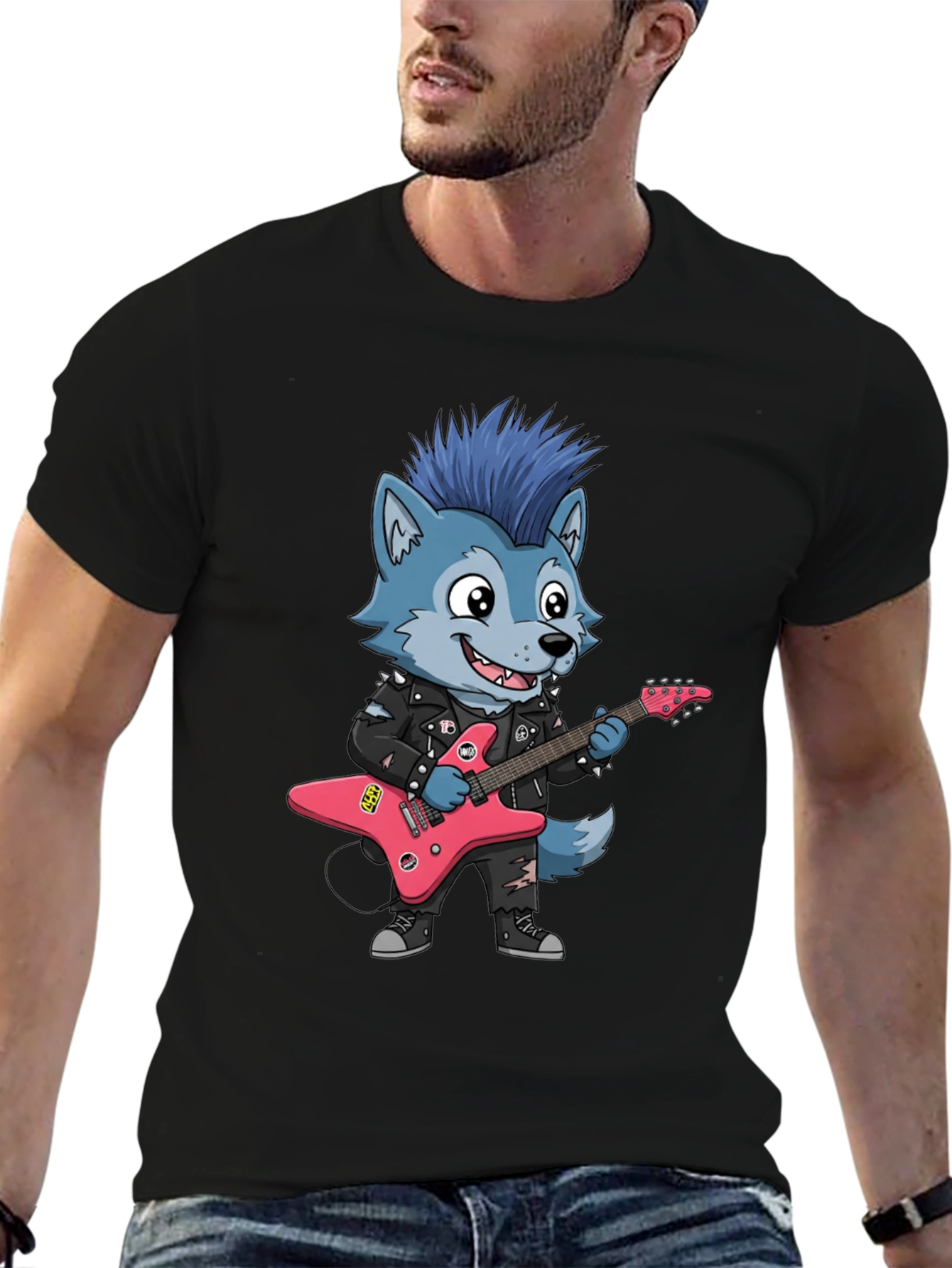 Cool Wolf Rocker Graphic Tee - Black Cotton T-Shirt