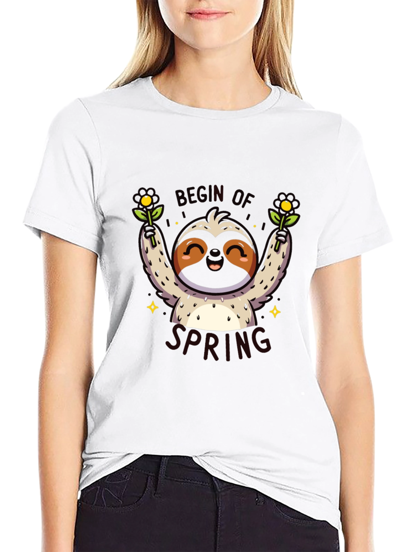 Cute Sloth Begin of Spring Black Graphic T-Shirt