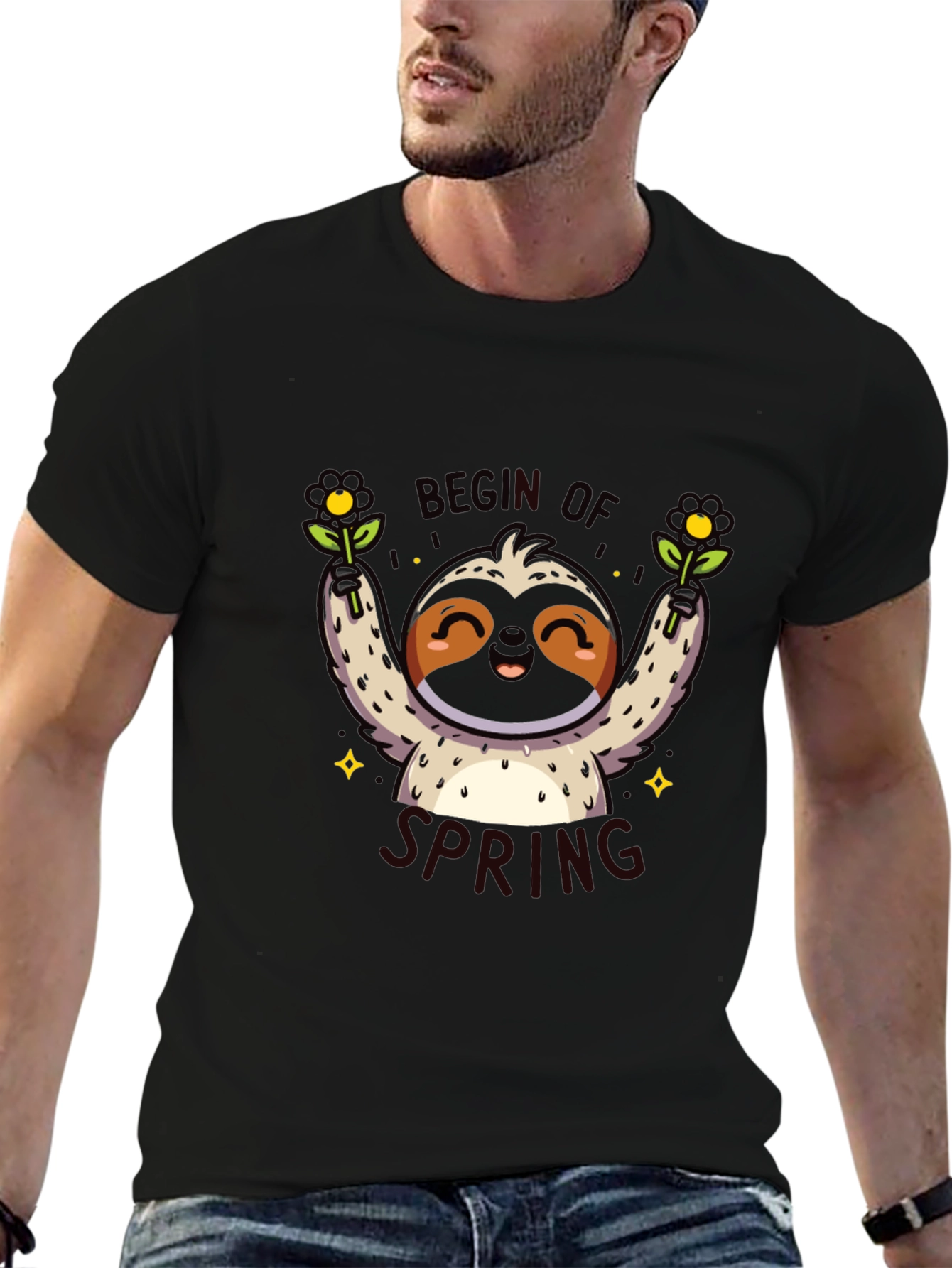 Cute Sloth Begin of Spring Black Graphic T-Shirt
