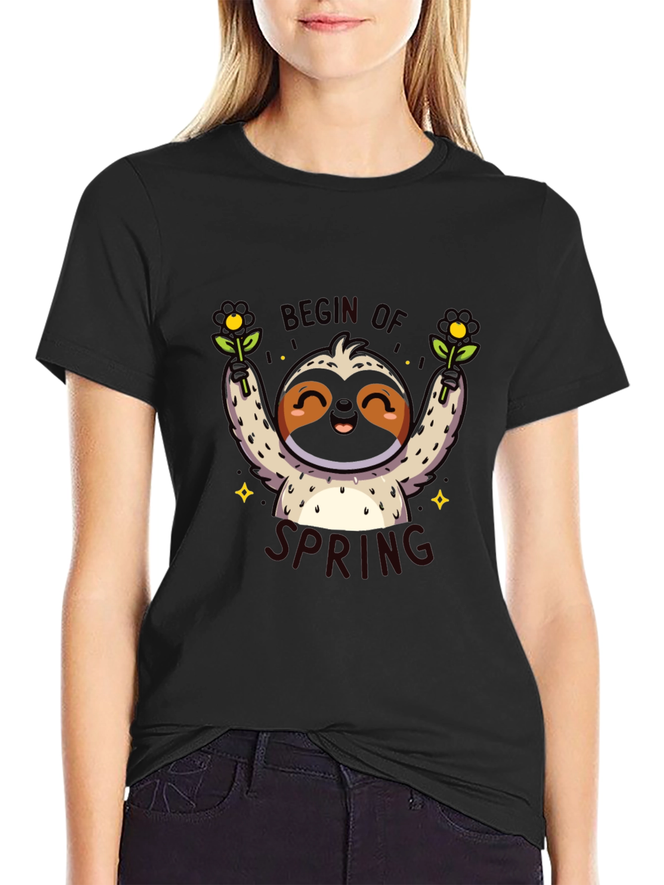 Cute Sloth Begin of Spring Black Graphic T-Shirt