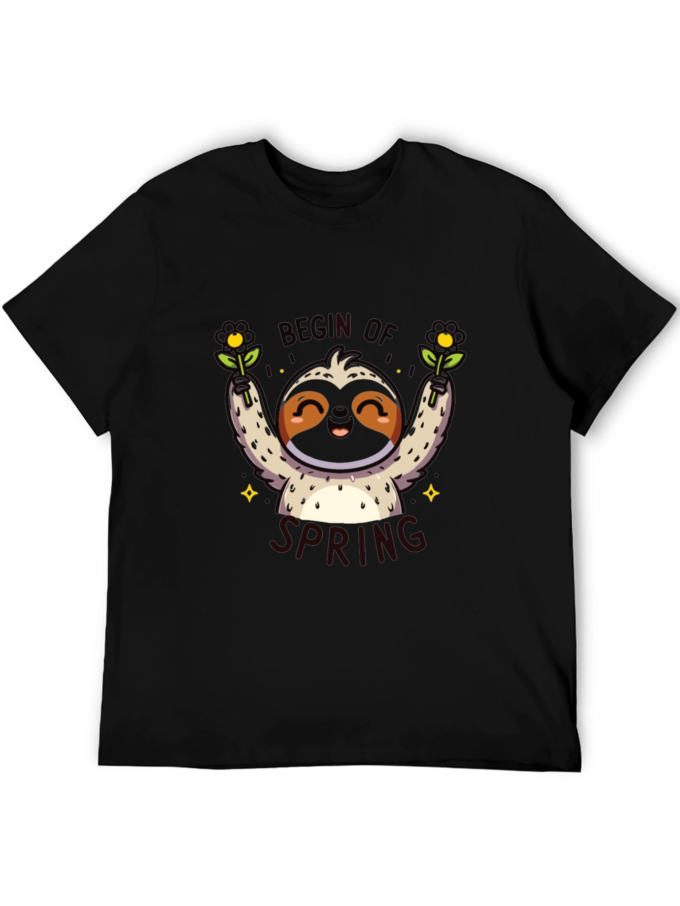 Cute Sloth Begin of Spring Black Graphic T-Shirt