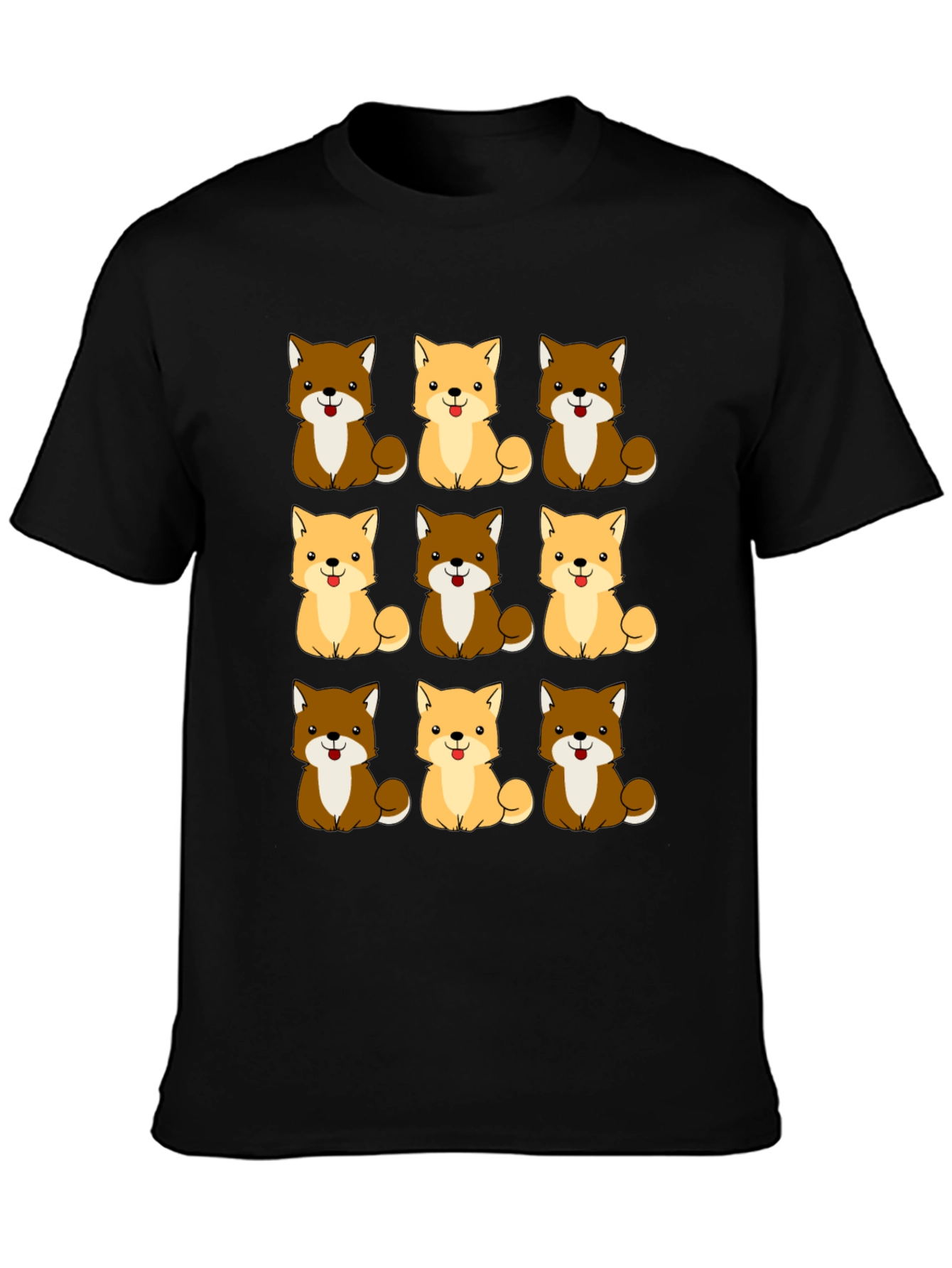 Cute Shiba Inu Dog Pattern Black T-Shirt