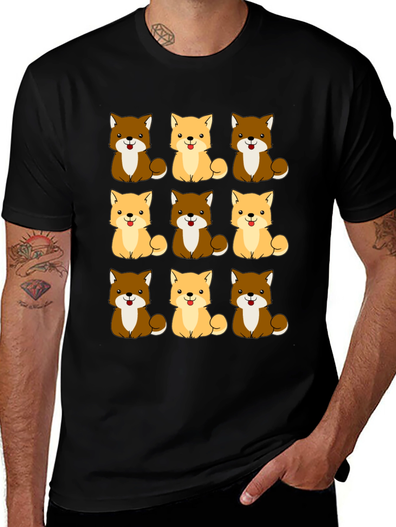 Cute Shiba Inu Dog Pattern Black T-Shirt