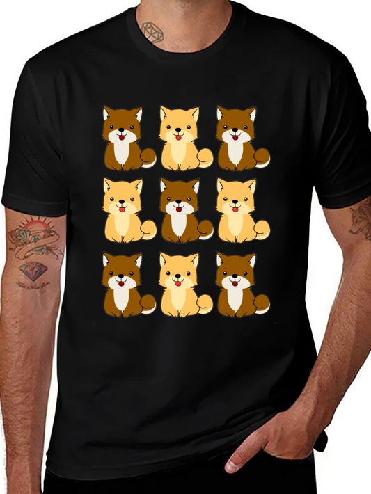 Cute Shiba Inu Dog Pattern Black T-Shirt