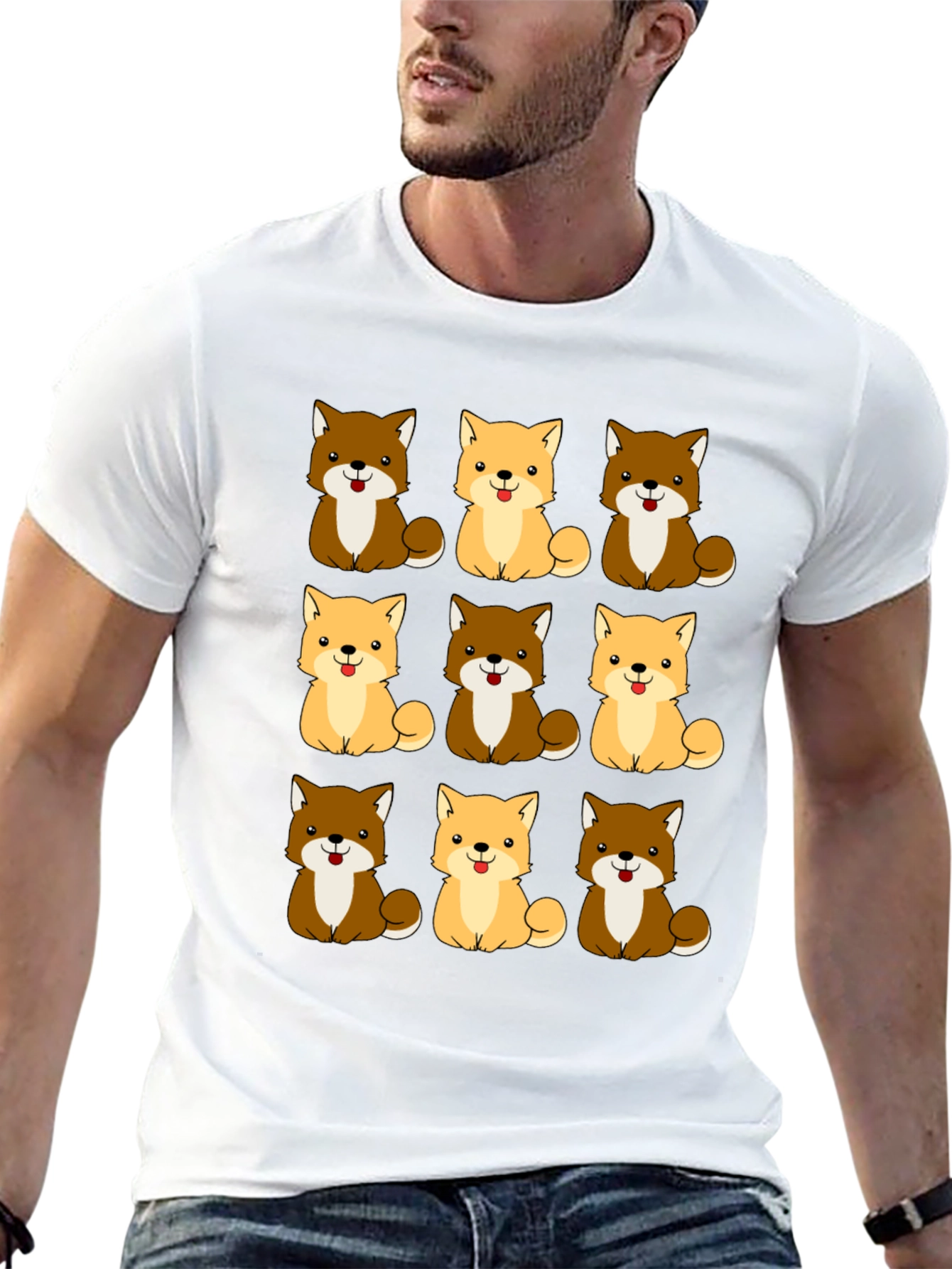 Cute Shiba Inu Dog Pattern Black T-Shirt