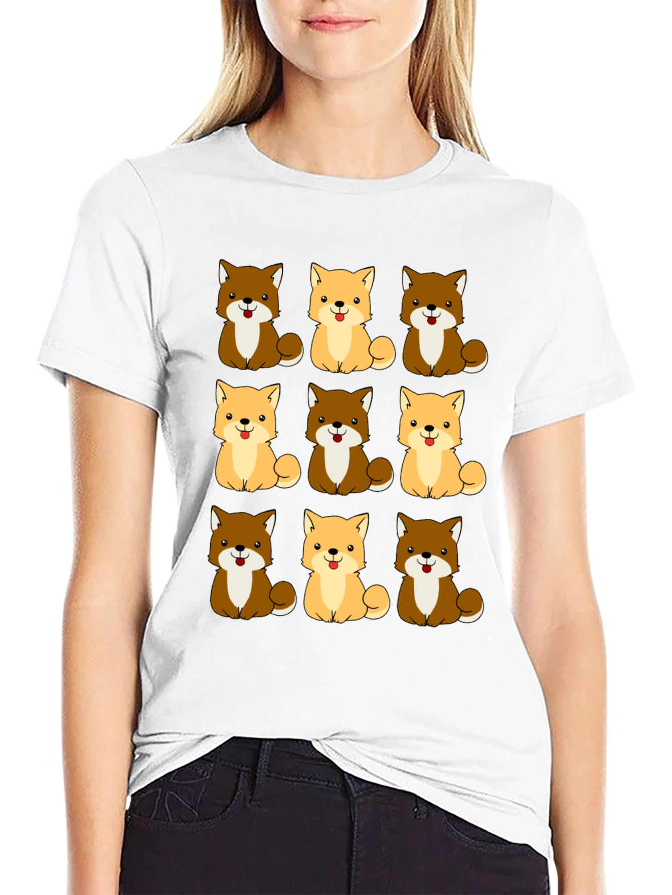 Cute Shiba Inu Dog Pattern Black T-Shirt