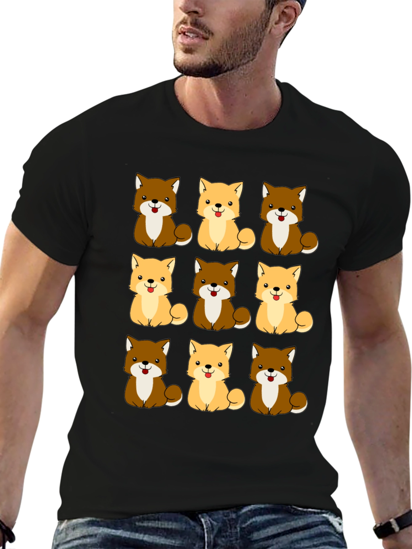Cute Shiba Inu Dog Pattern Black T-Shirt
