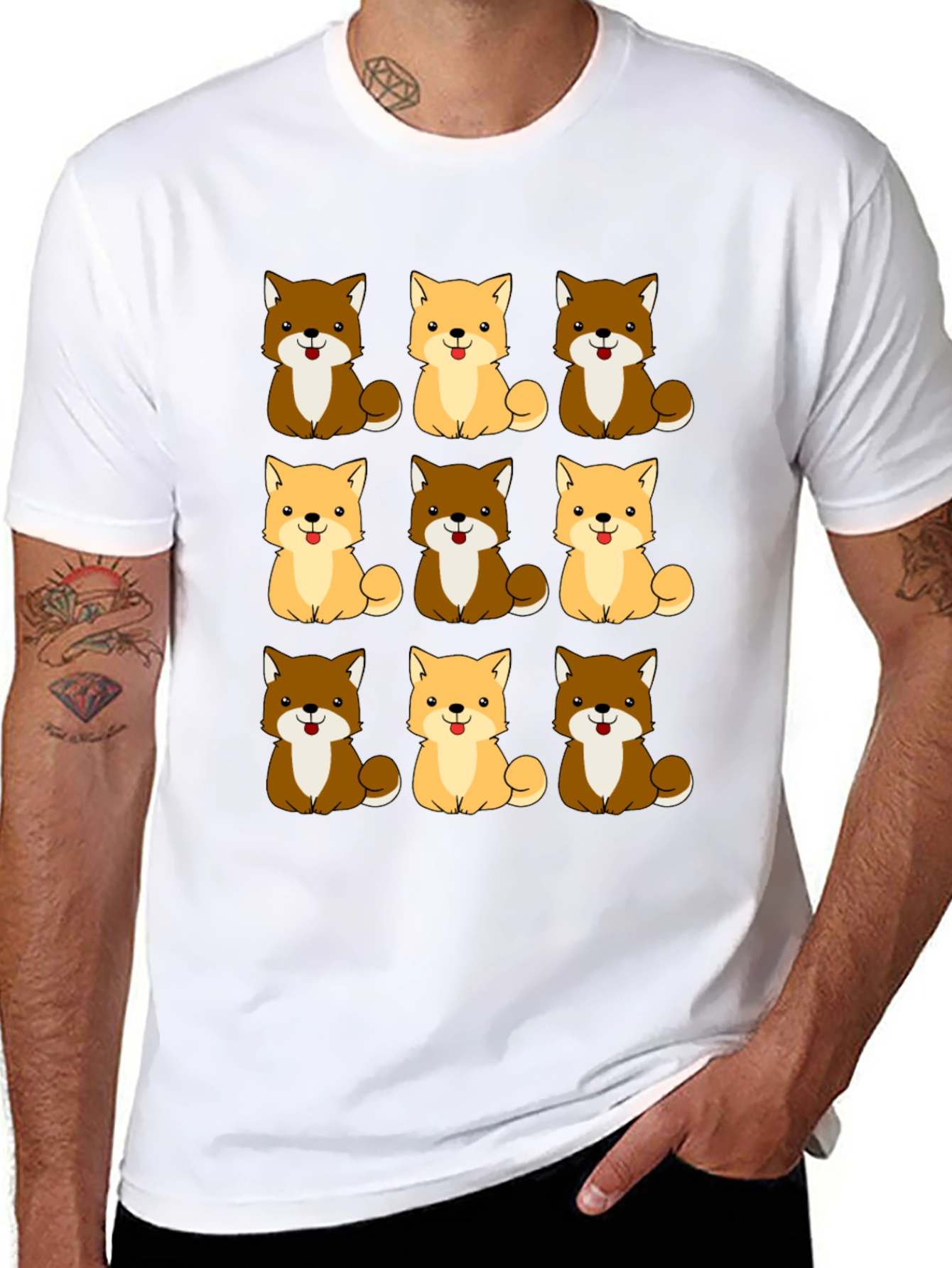 Cute Shiba Inu Dog Pattern Black T-Shirt