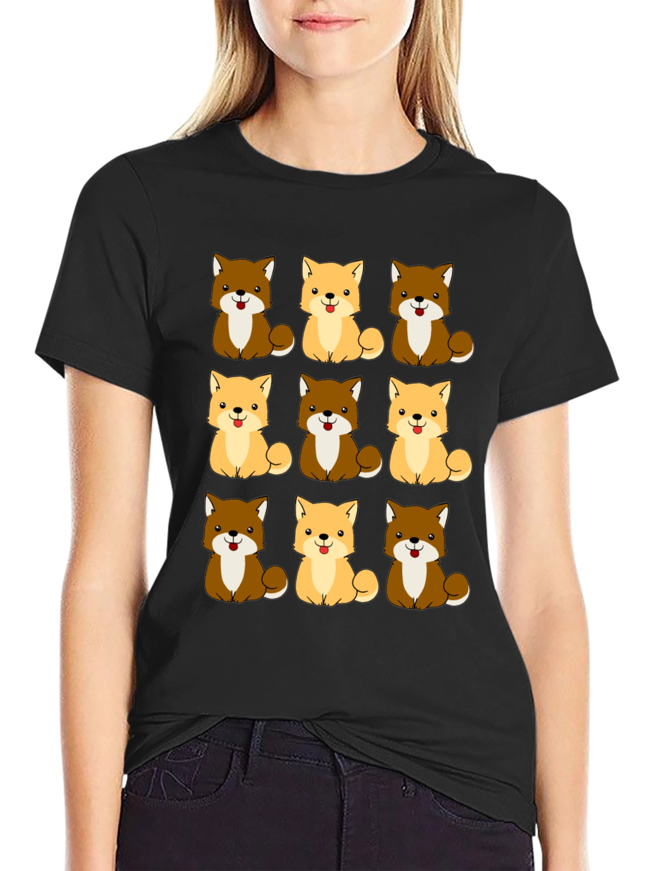 Cute Shiba Inu Dog Pattern Black T-Shirt