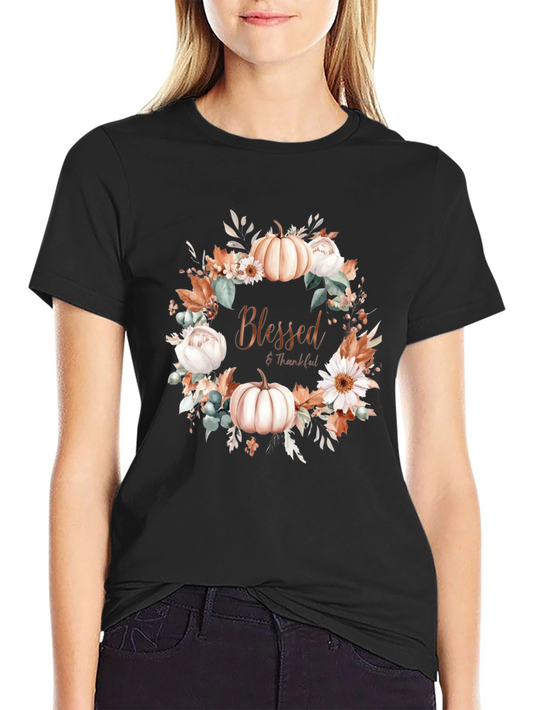 Blessed & Thankful Pumpkin Floral Wreath T-Shirt
