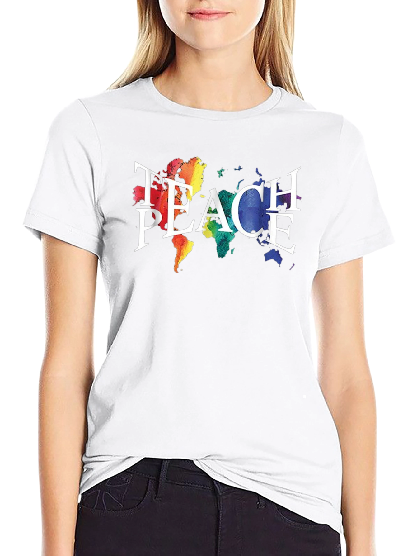 Teach Peace T-Shirt Rainbow World Map