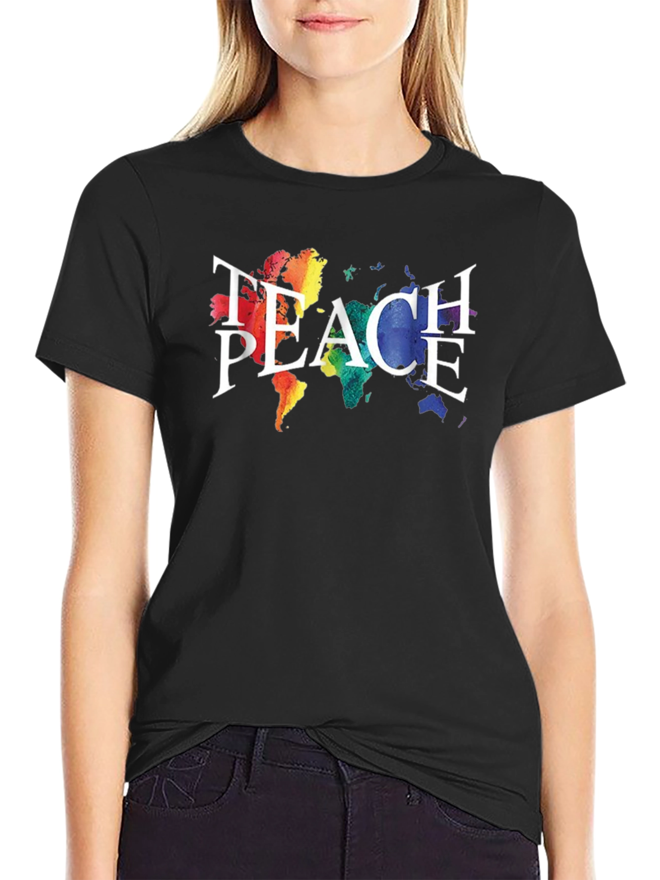 Teach Peace T-Shirt Rainbow World Map