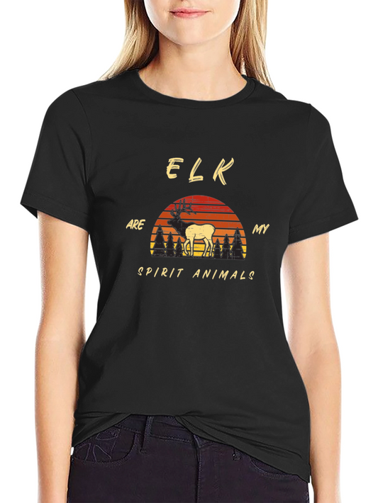 Elk Spirit Animal Graphic Tee - Black Crew Neck