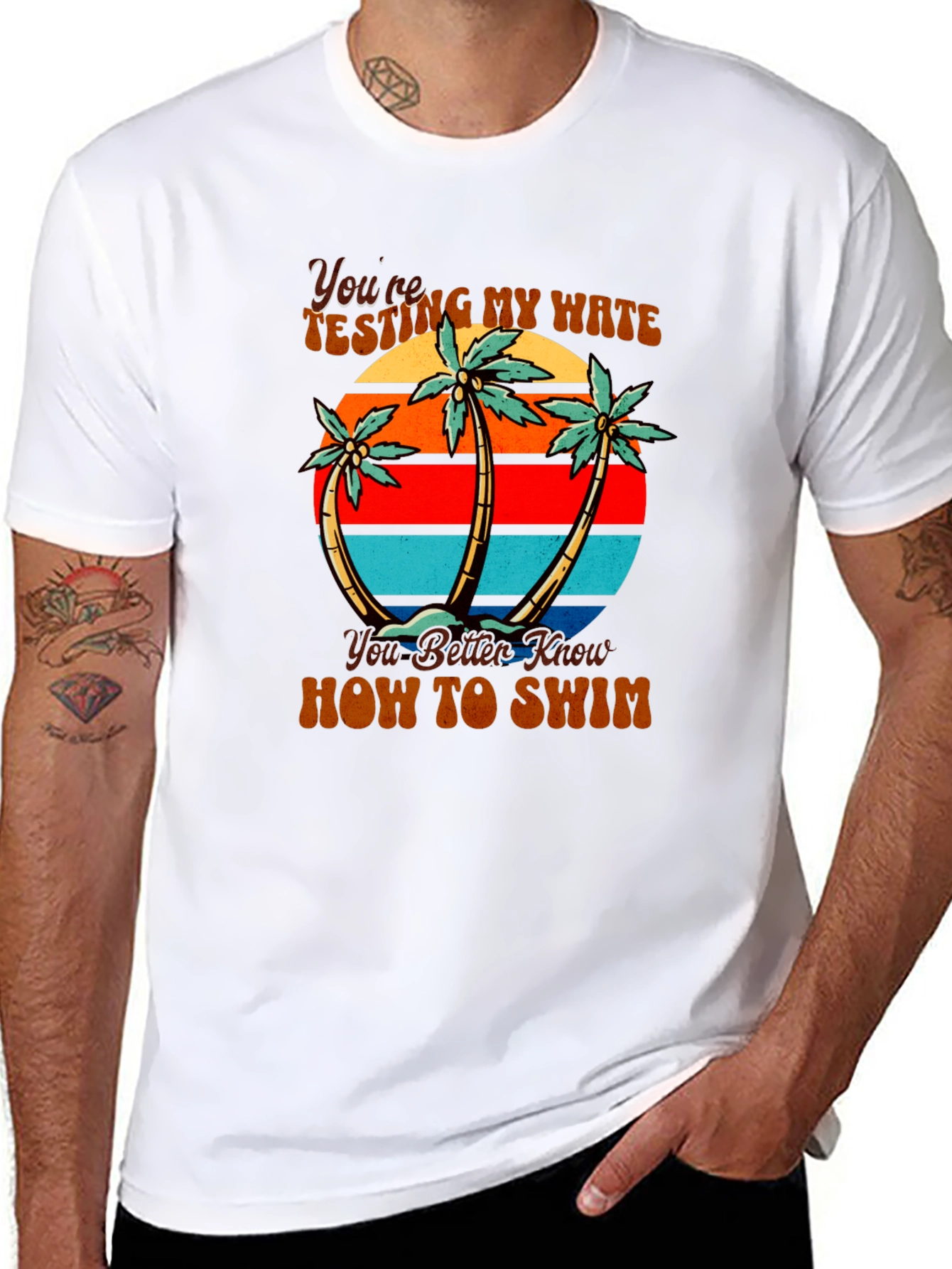 Retro Beach Palm Tree Mens Black T-Shirt