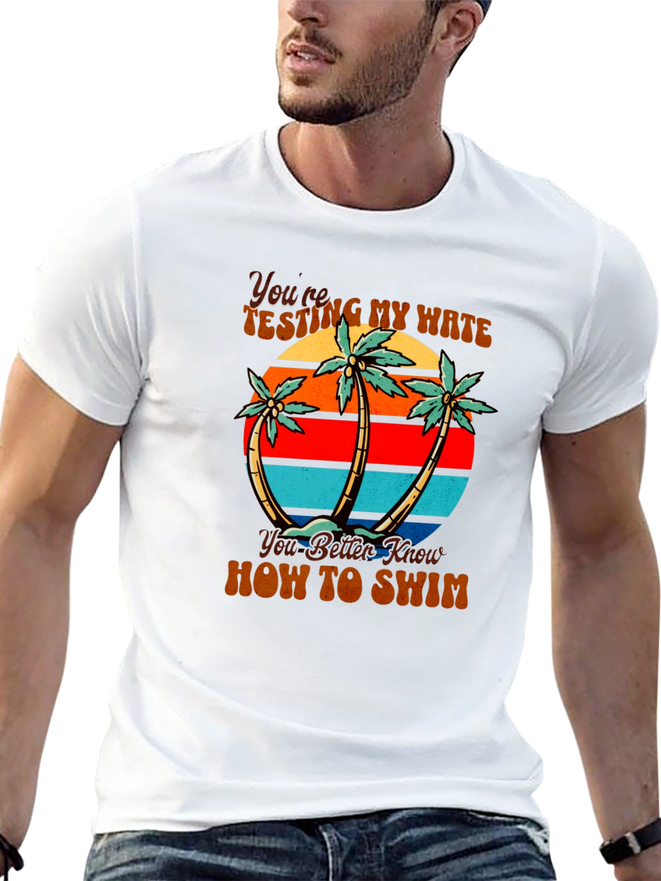 Retro Beach Palm Tree Mens Black T-Shirt