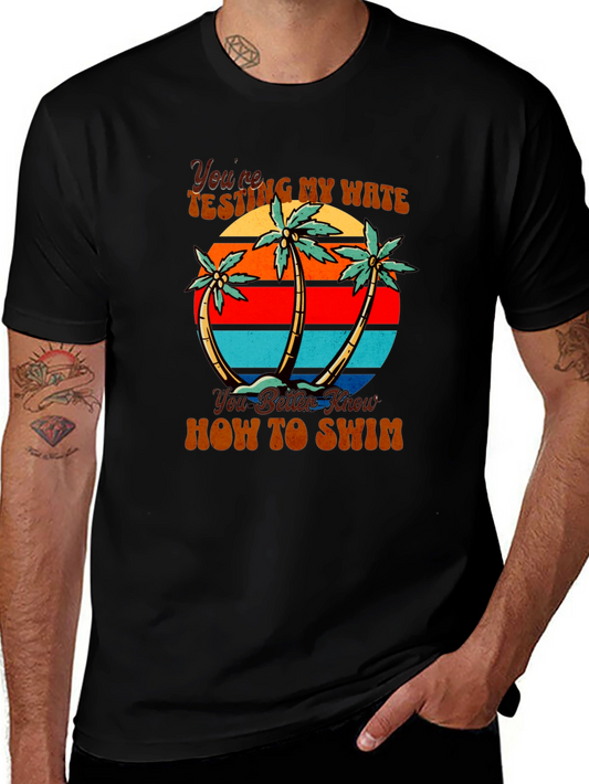 Retro Beach Palm Tree Mens Black T-Shirt