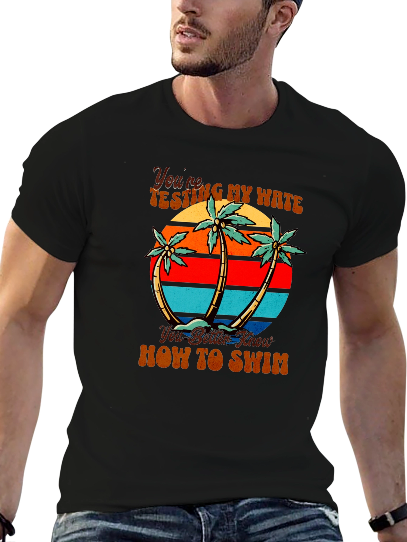 Retro Beach Palm Tree Mens Black T-Shirt