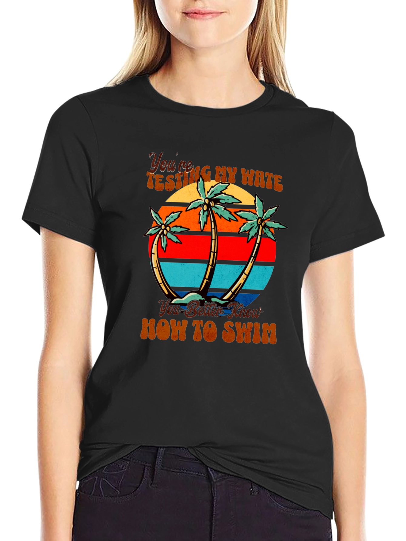 Retro Beach Palm Tree Mens Black T-Shirt