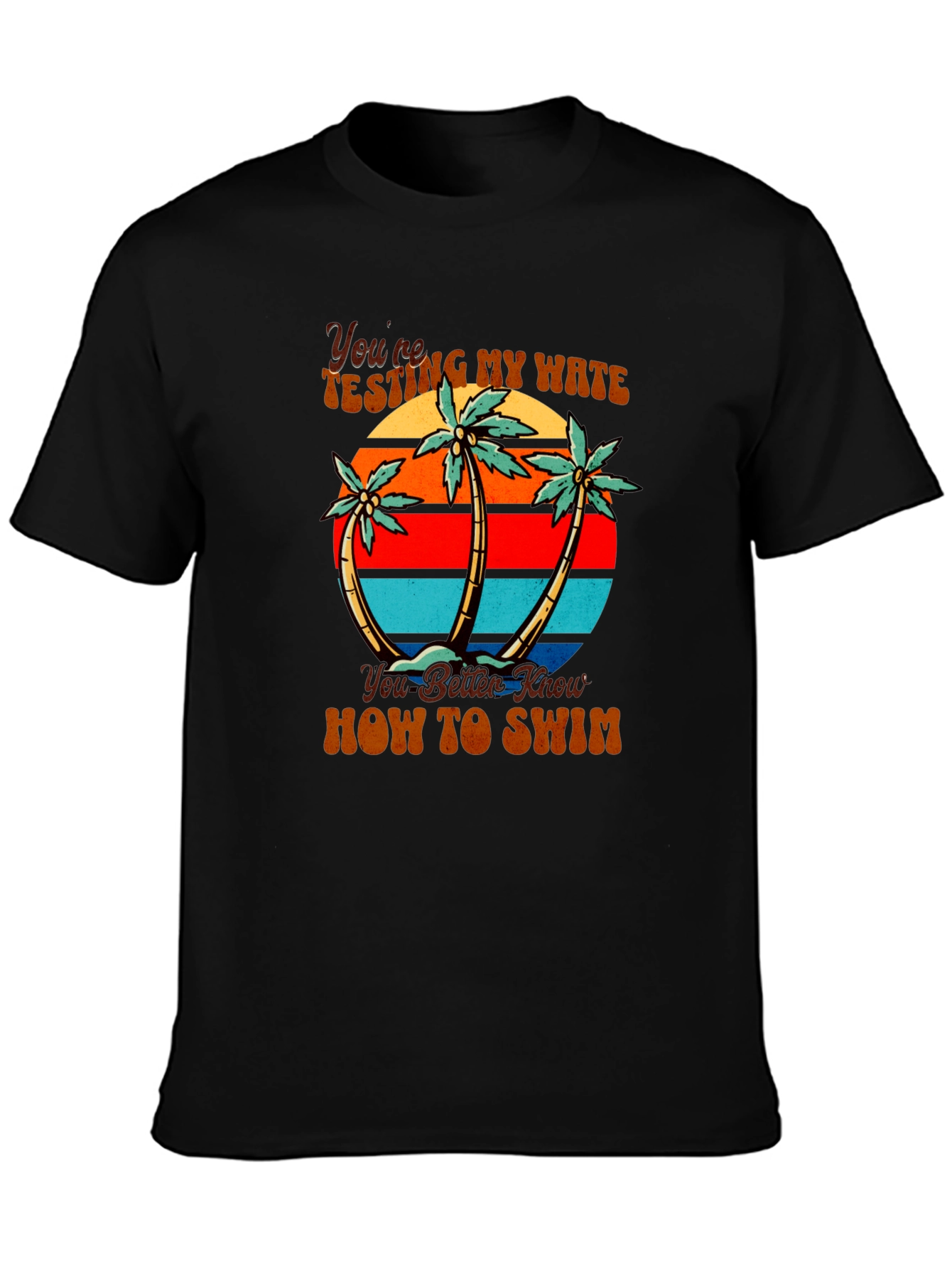 Retro Beach Palm Tree Mens Black T-Shirt