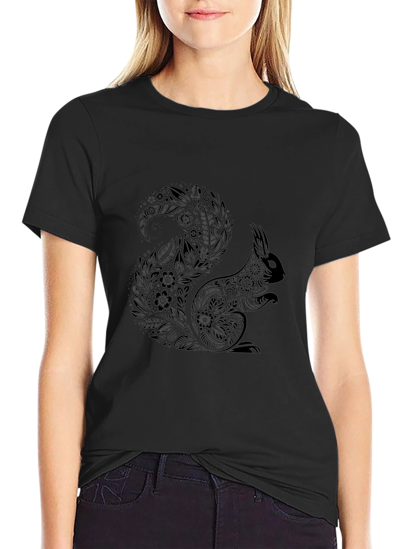 Squirrel Mandala Print Black T-Shirt