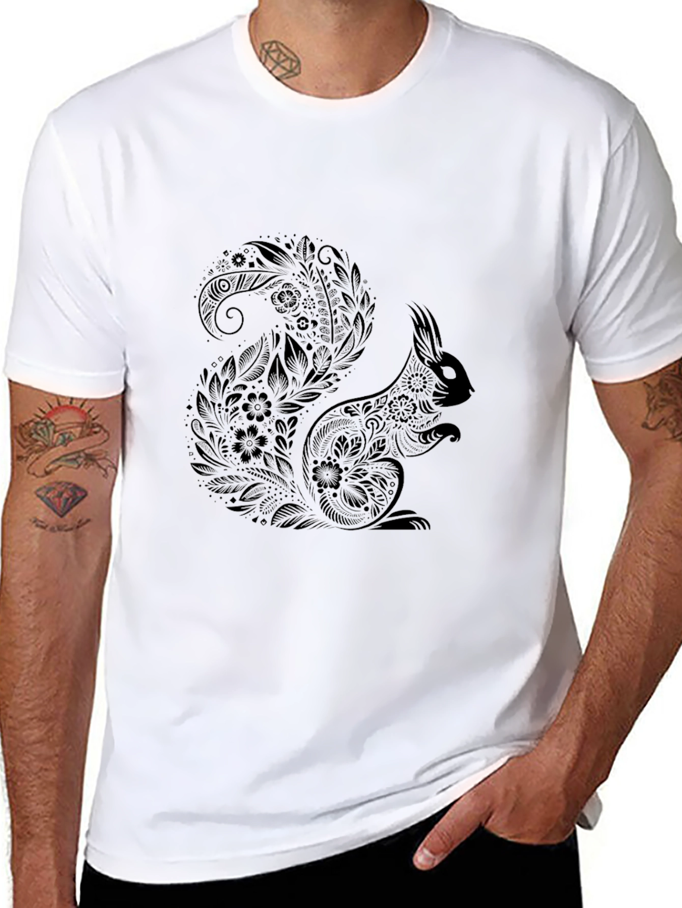 Squirrel Mandala Print Black T-Shirt