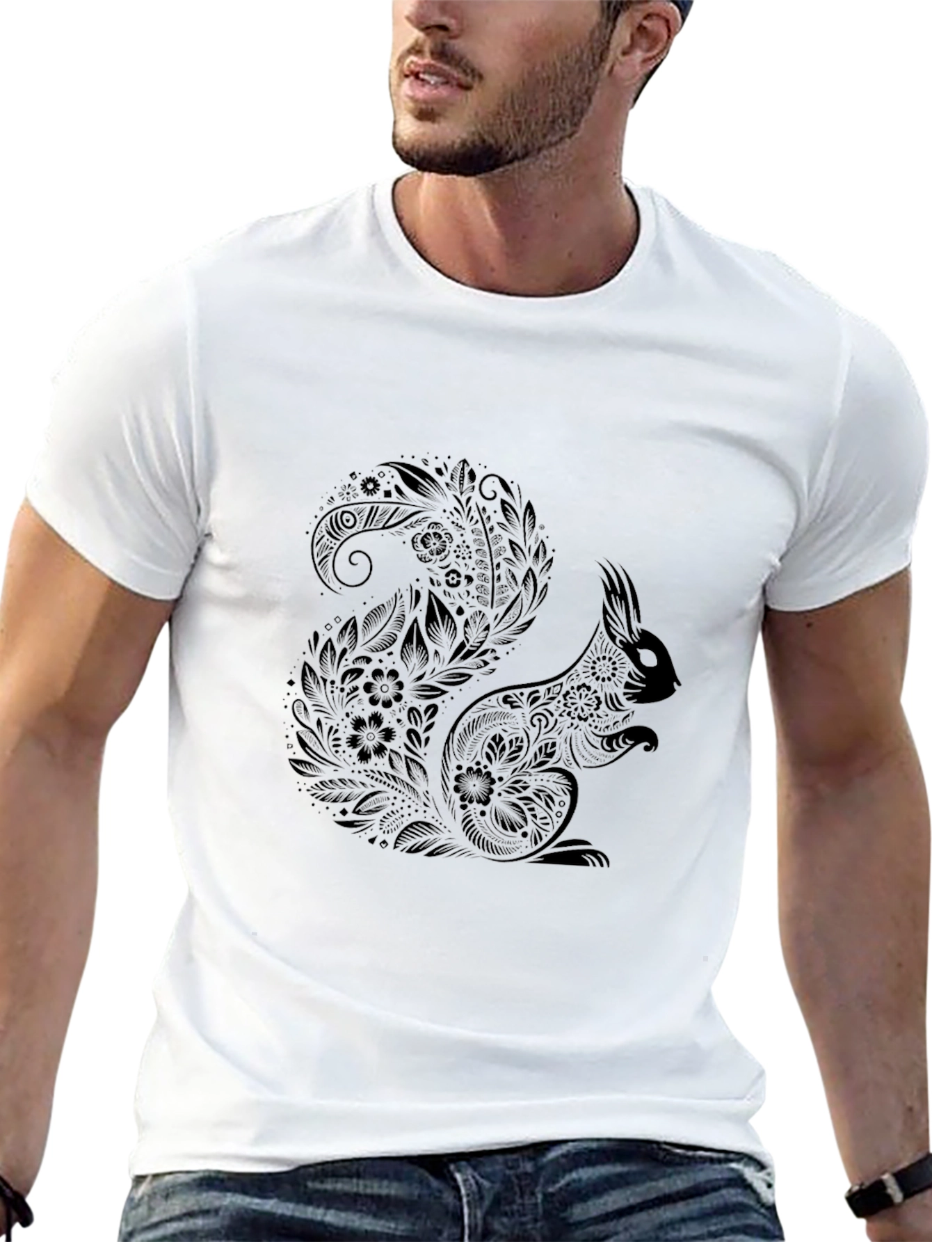 Squirrel Mandala Print Black T-Shirt