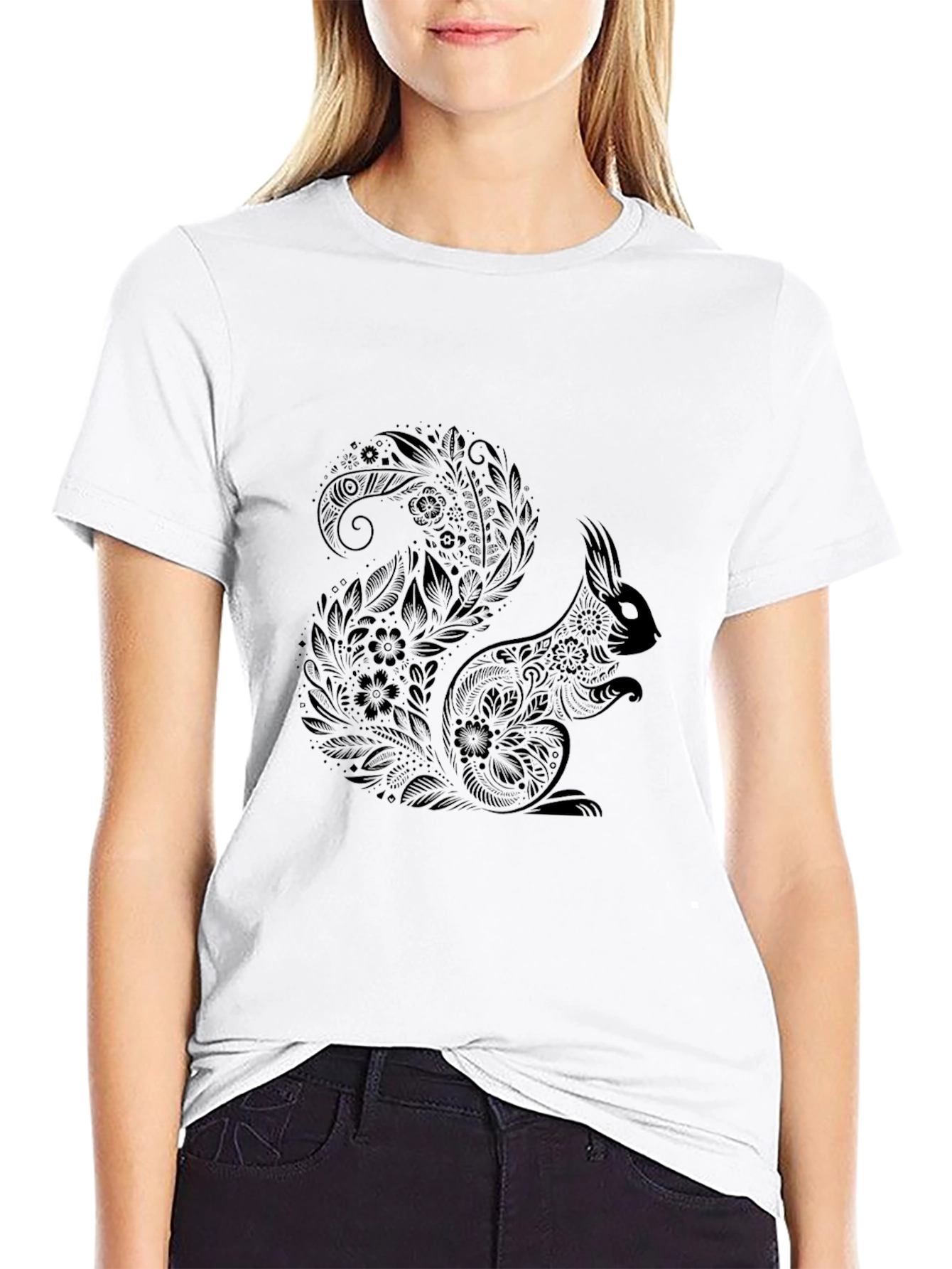 Squirrel Mandala Print Black T-Shirt