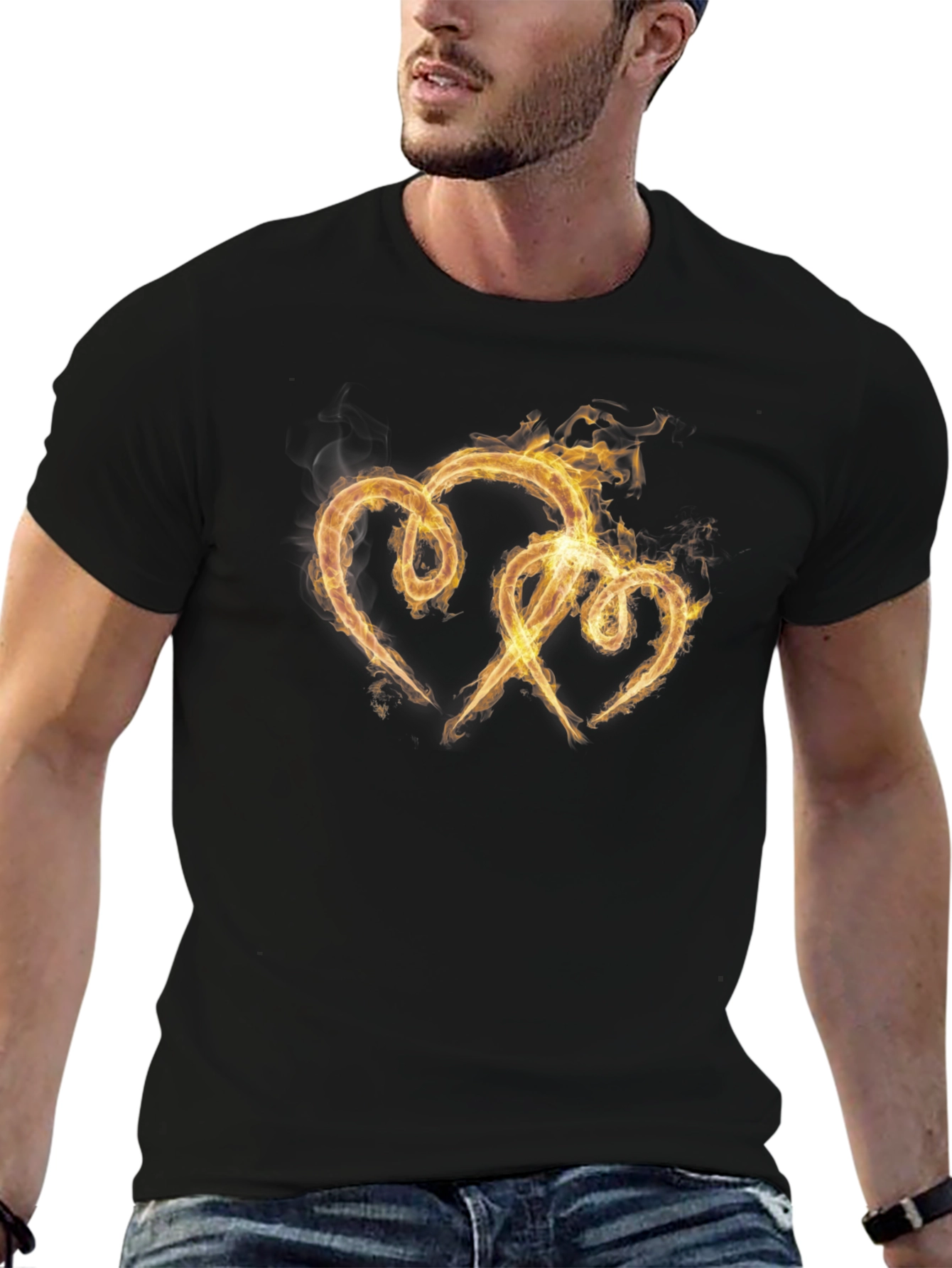 Fiery Hearts Graphic Tee - Black Cotton T-Shirt