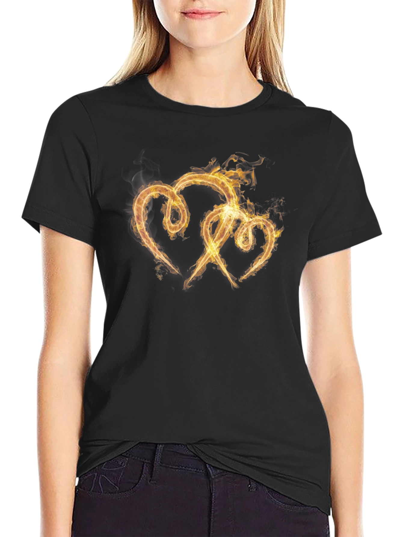 Fiery Hearts Graphic Tee - Black Cotton T-Shirt