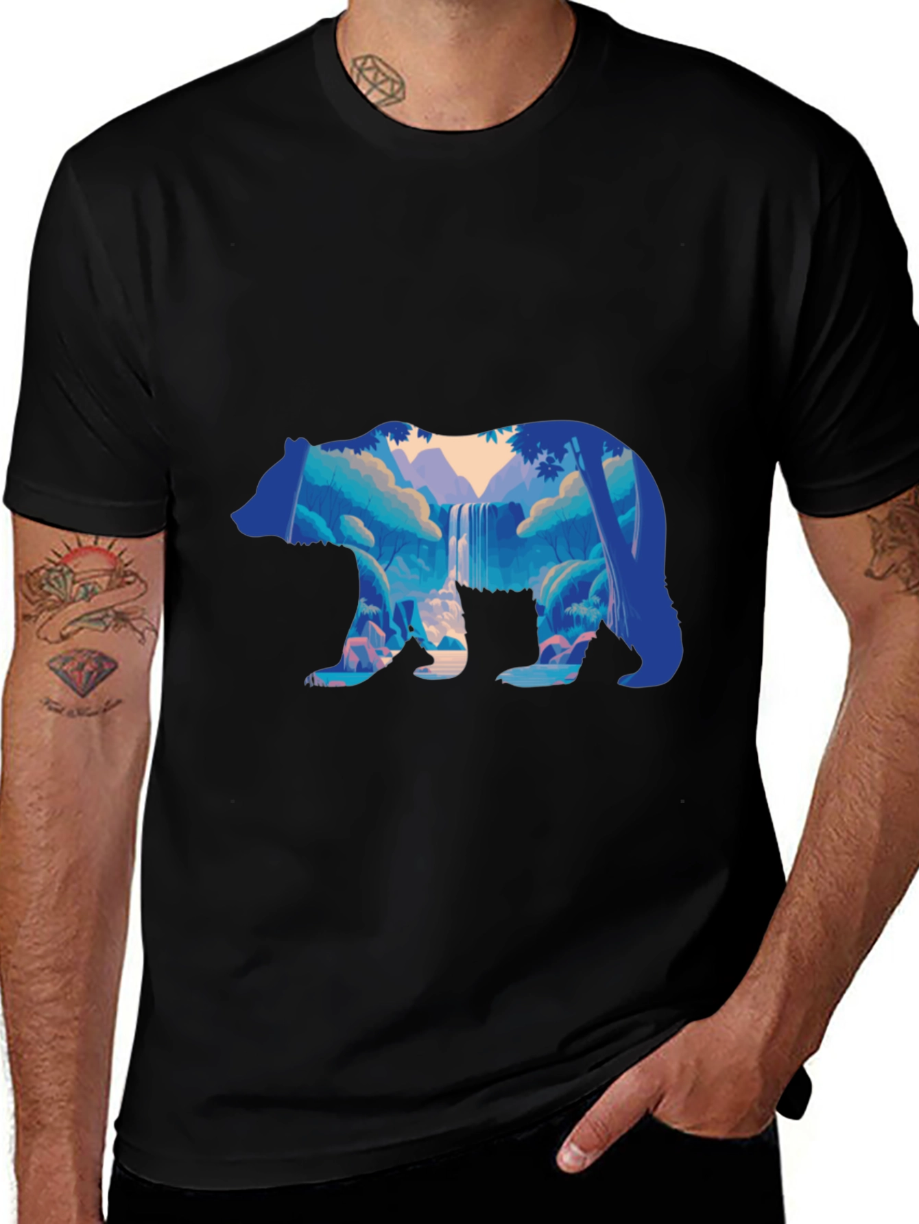 Nature Bear Graphic Print Black T-Shirt