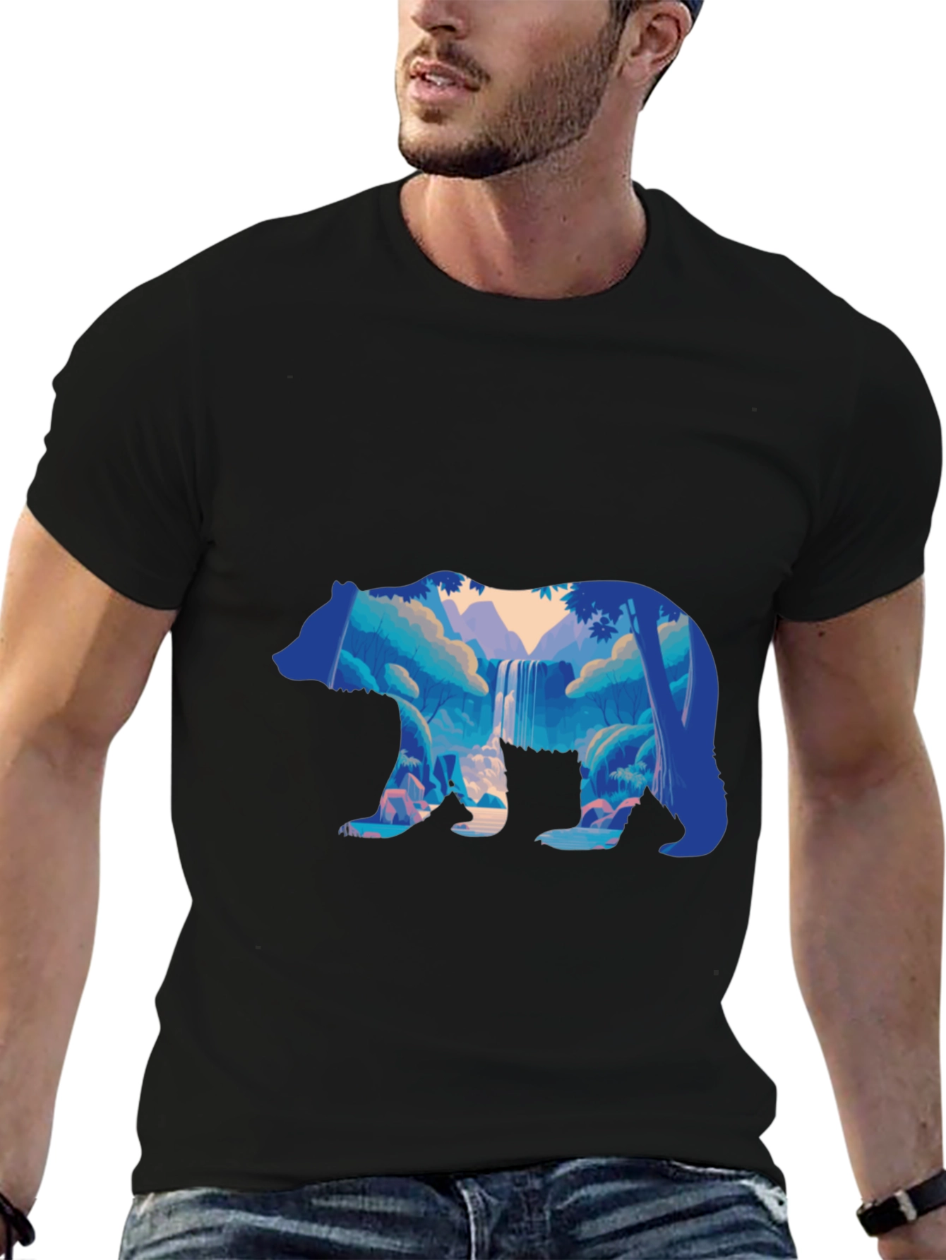 Nature Bear Graphic Print Black T-Shirt