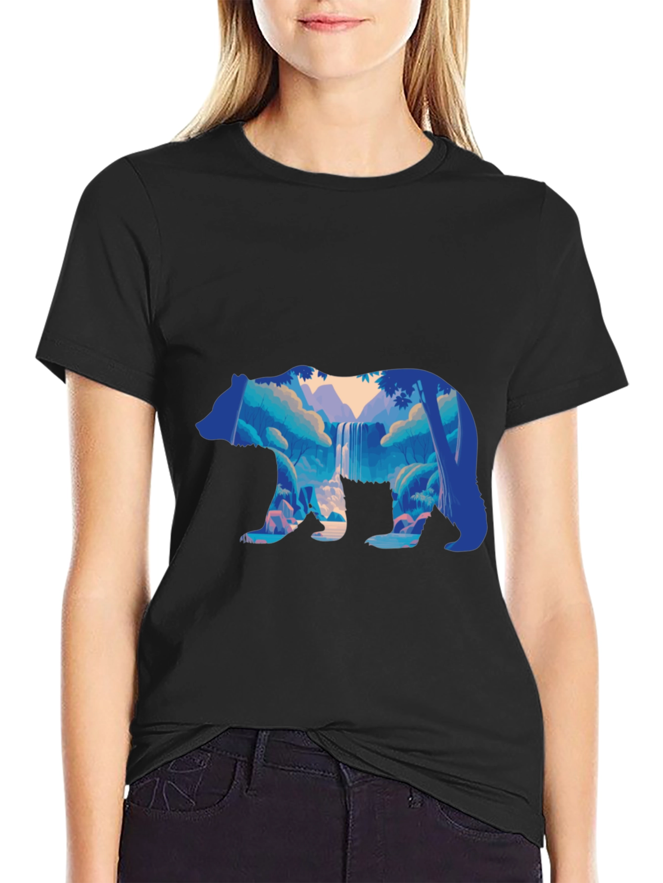 Nature Bear Graphic Print Black T-Shirt