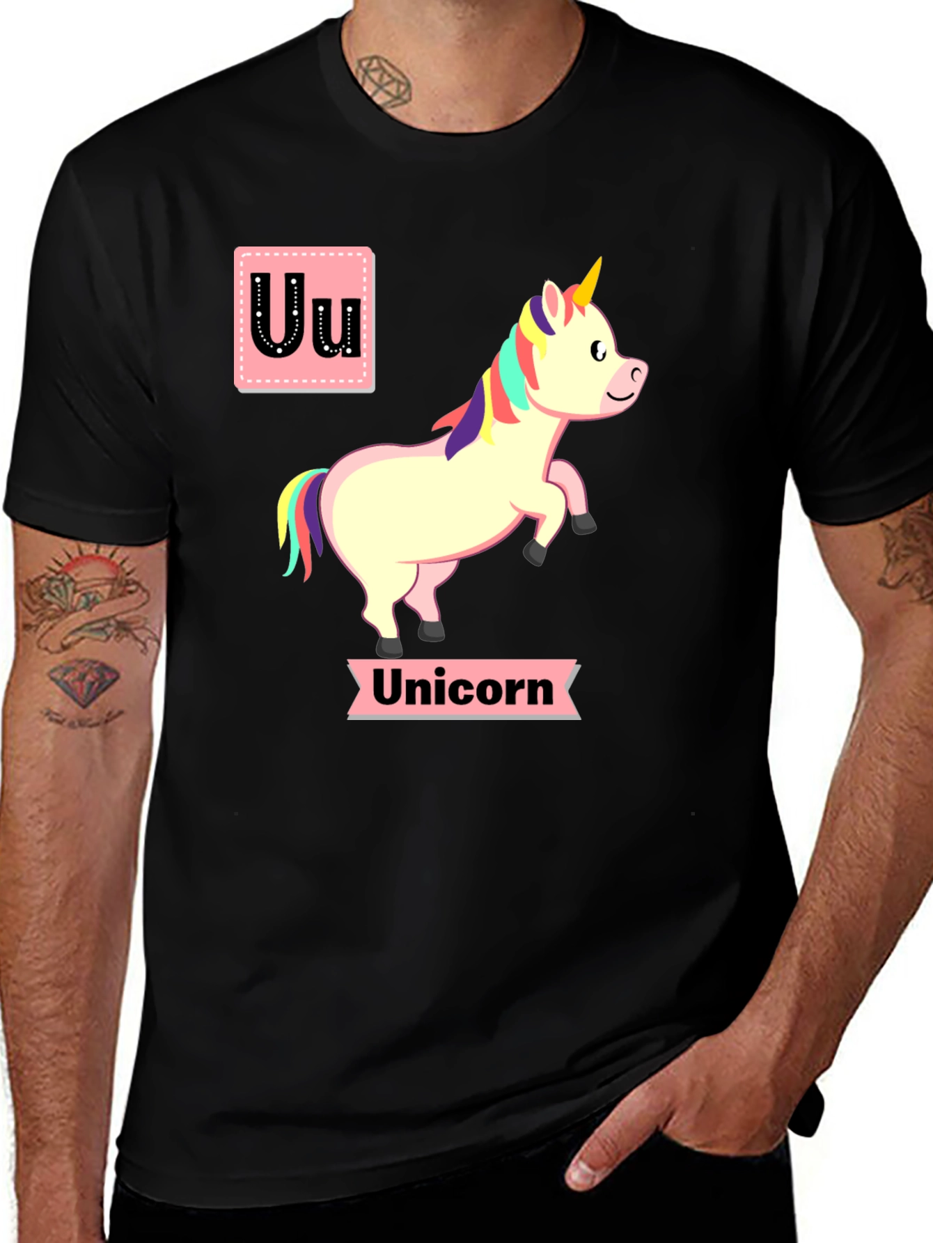 Unicorn Alphabet U Black T-Shirt