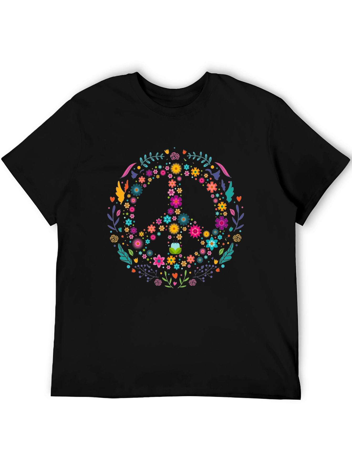 Floral Peace Sign Graphic Tee - Black