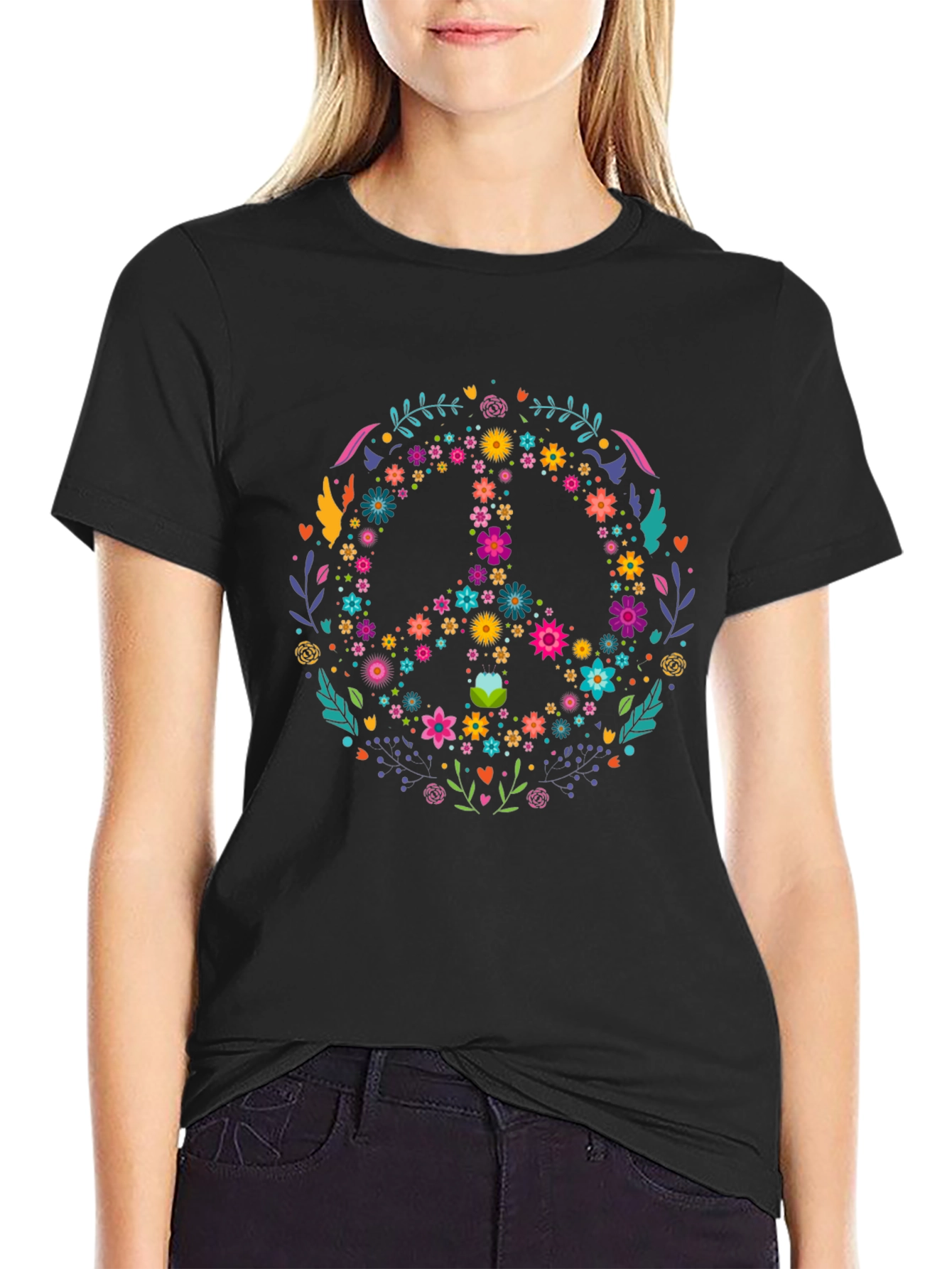 Floral Peace Sign Graphic Tee - Black