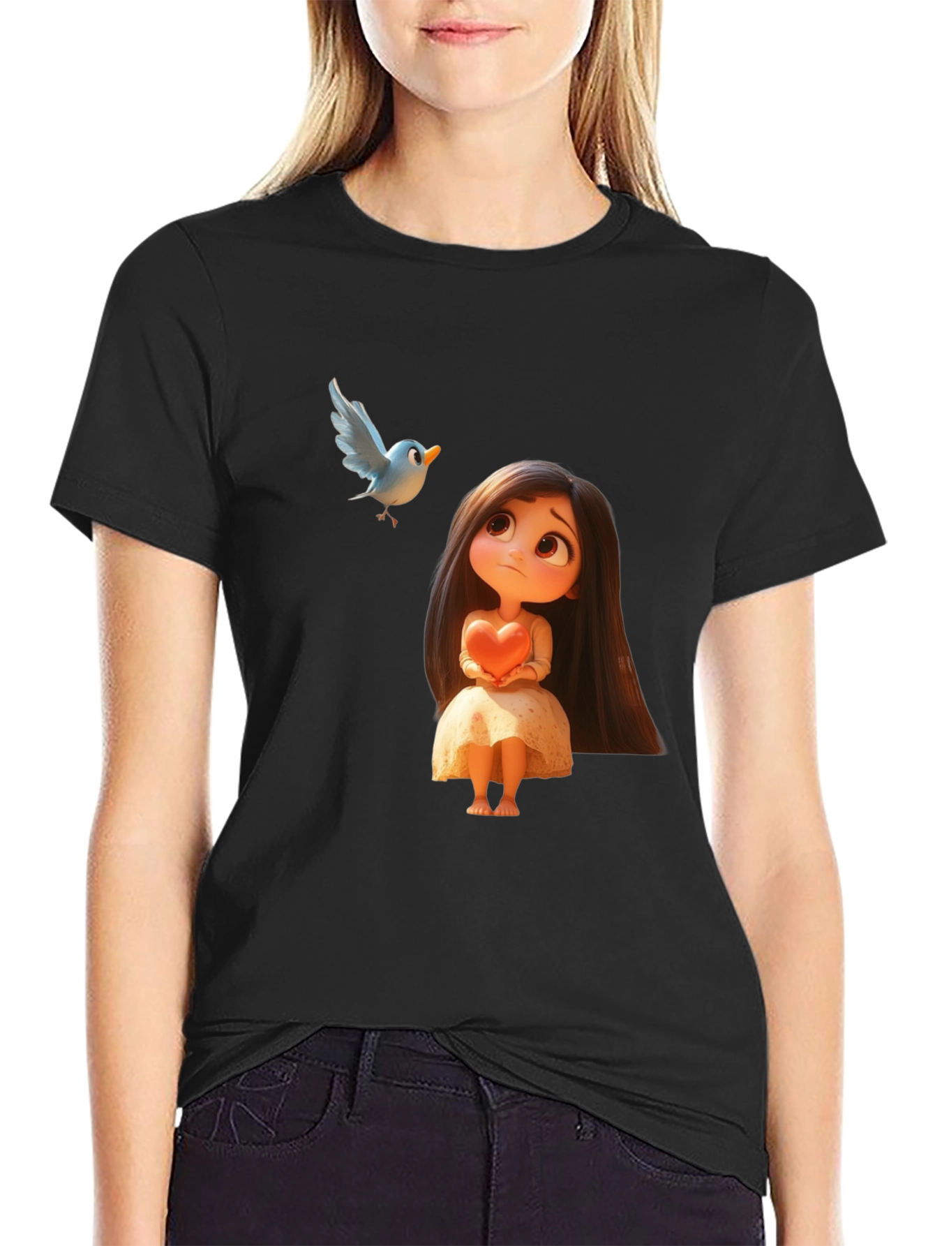 Cartoon Girl & Bird Graphic Black T-Shirt