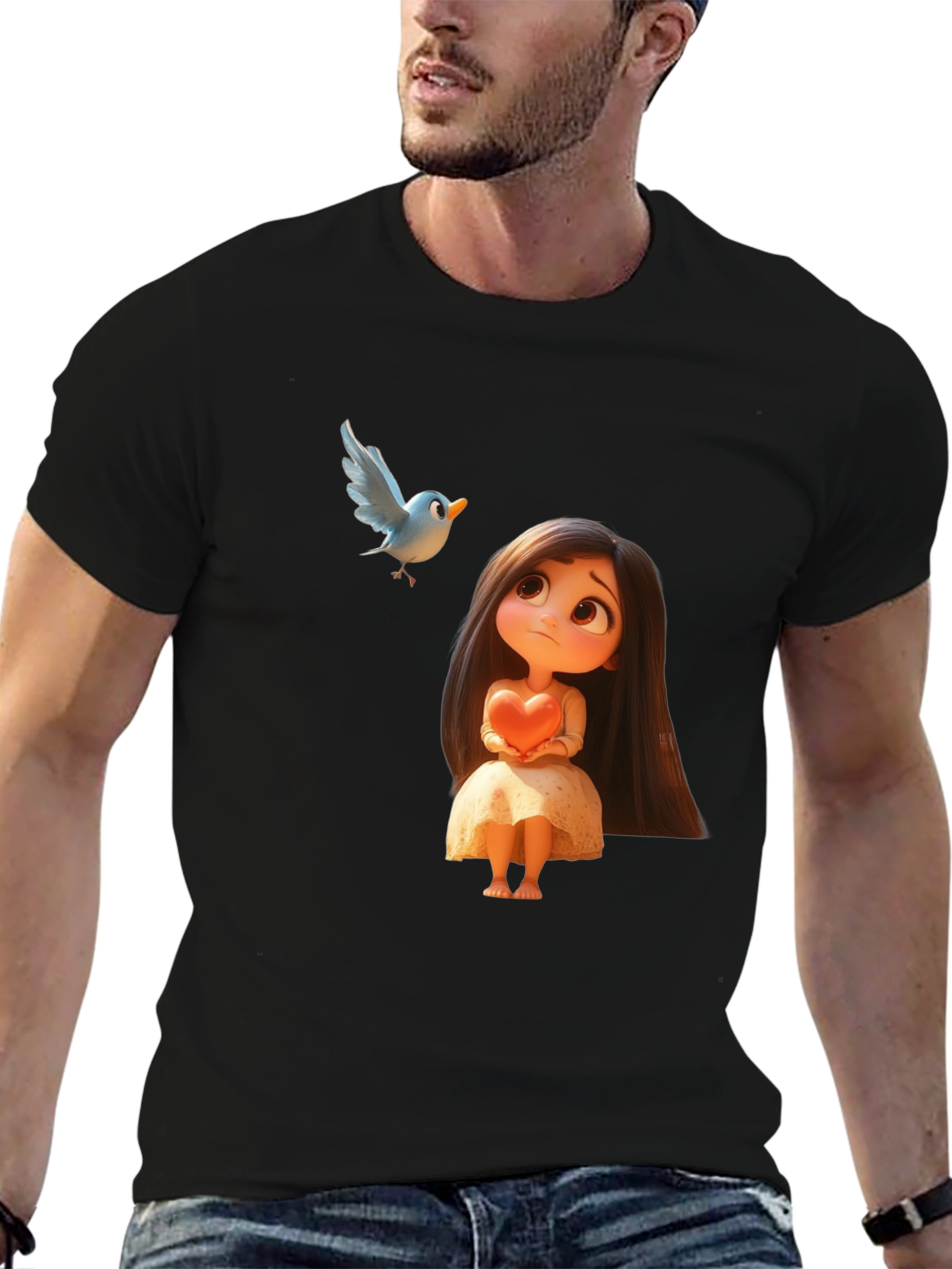 Cartoon Girl & Bird Graphic Black T-Shirt