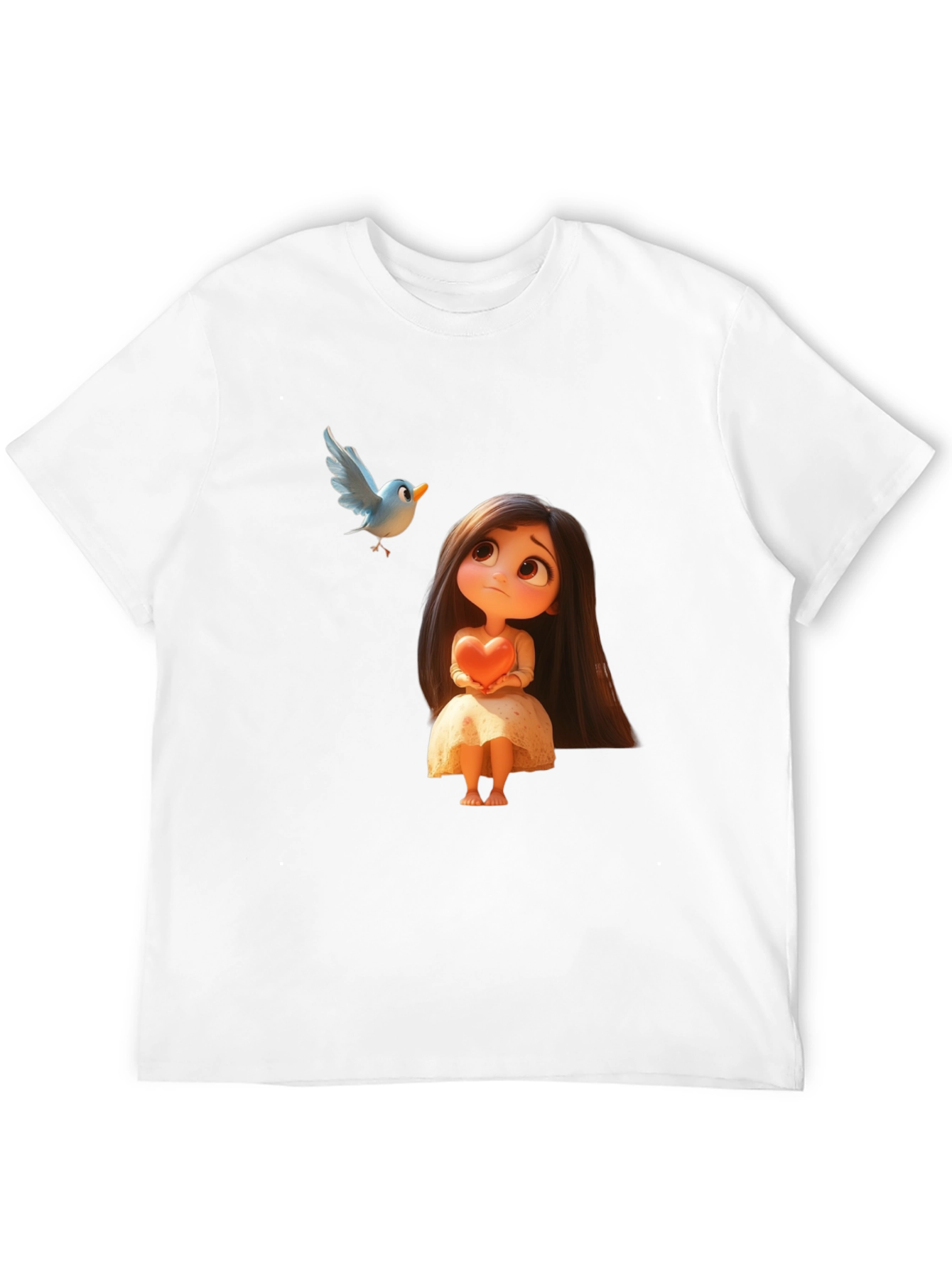 Cartoon Girl & Bird Graphic Black T-Shirt