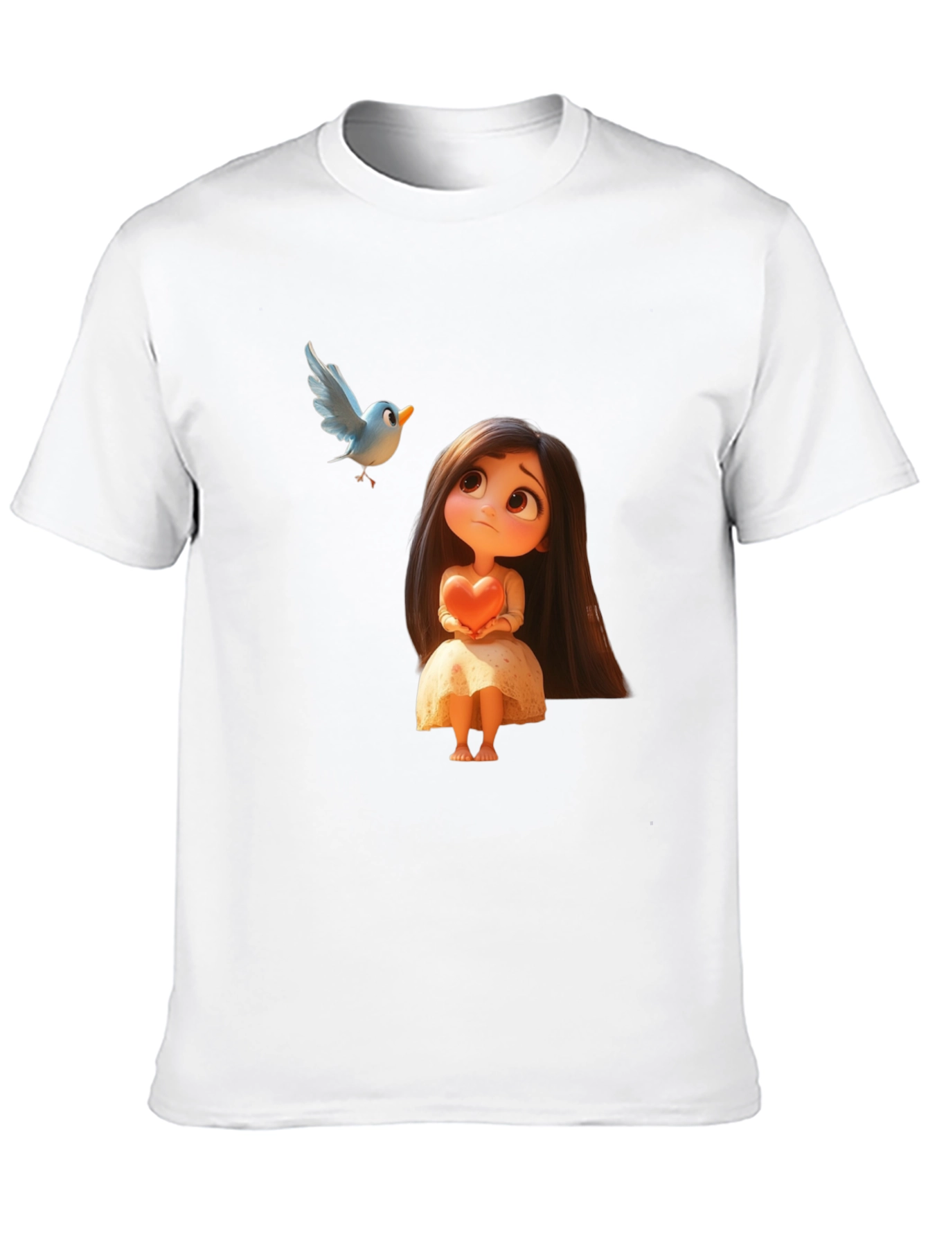 Cartoon Girl & Bird Graphic Black T-Shirt