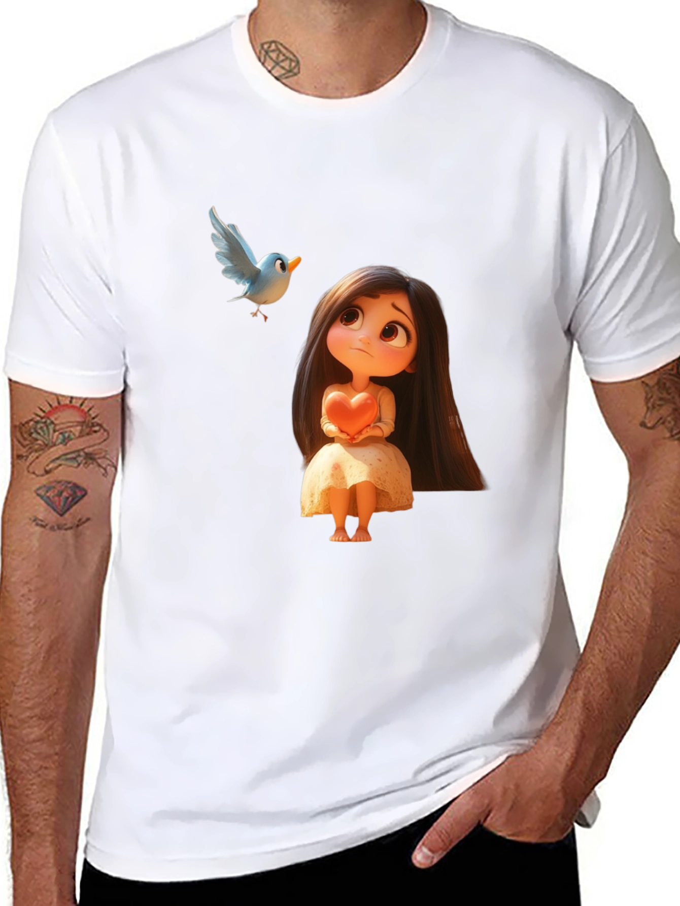 Cartoon Girl & Bird Graphic Black T-Shirt