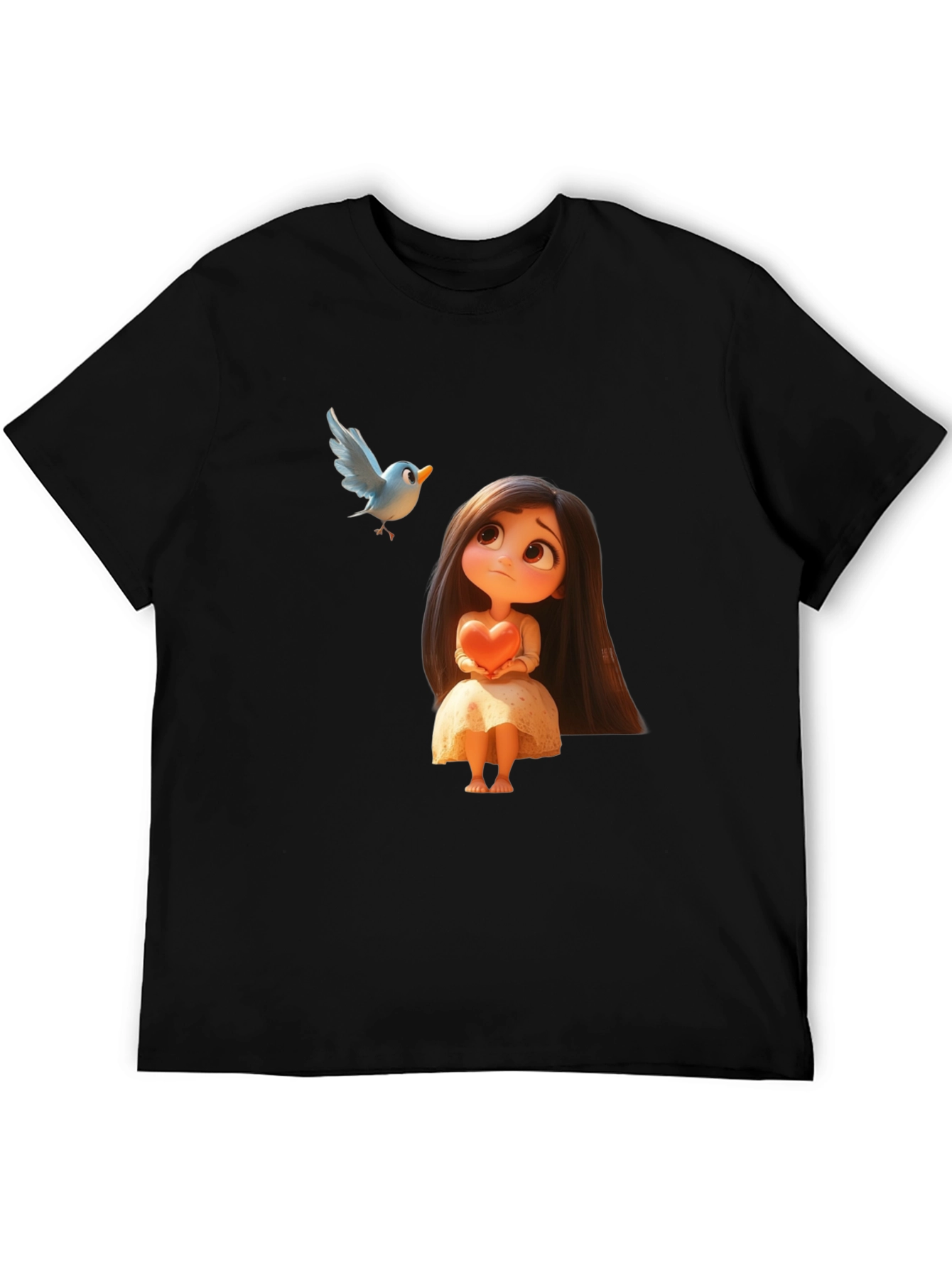 Cartoon Girl & Bird Graphic Black T-Shirt