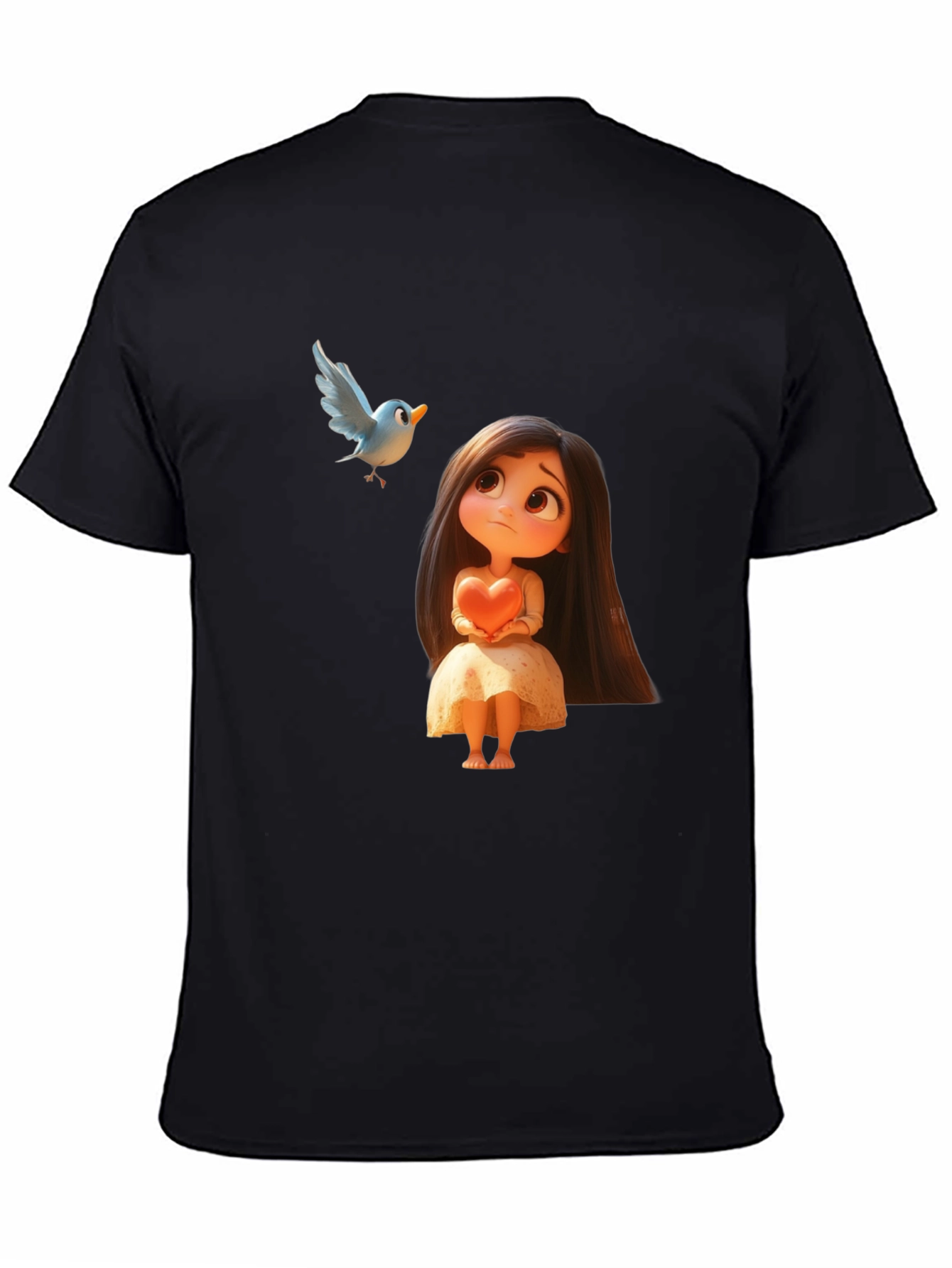 Cartoon Girl & Bird Graphic Black T-Shirt