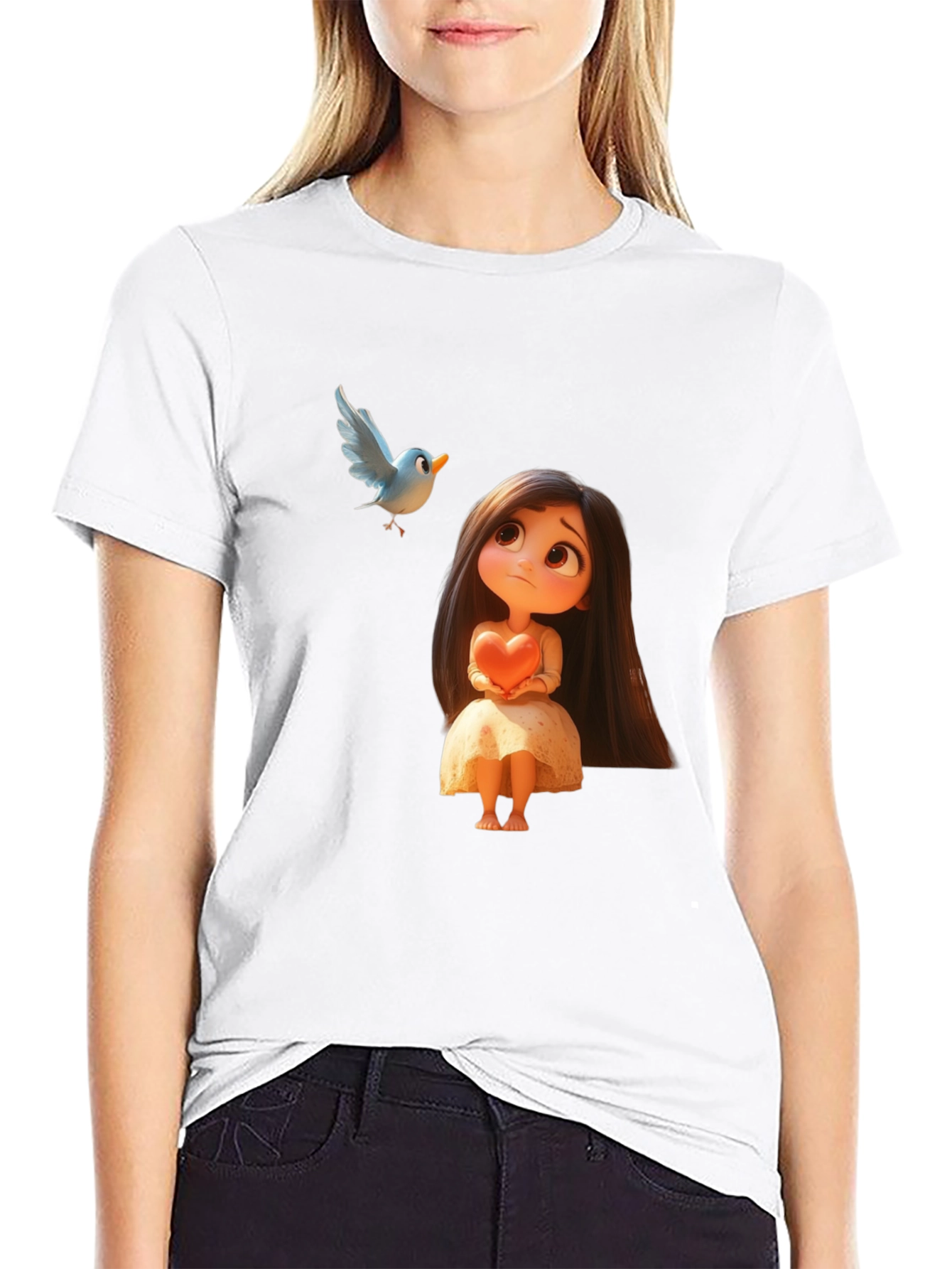 Cartoon Girl & Bird Graphic Black T-Shirt