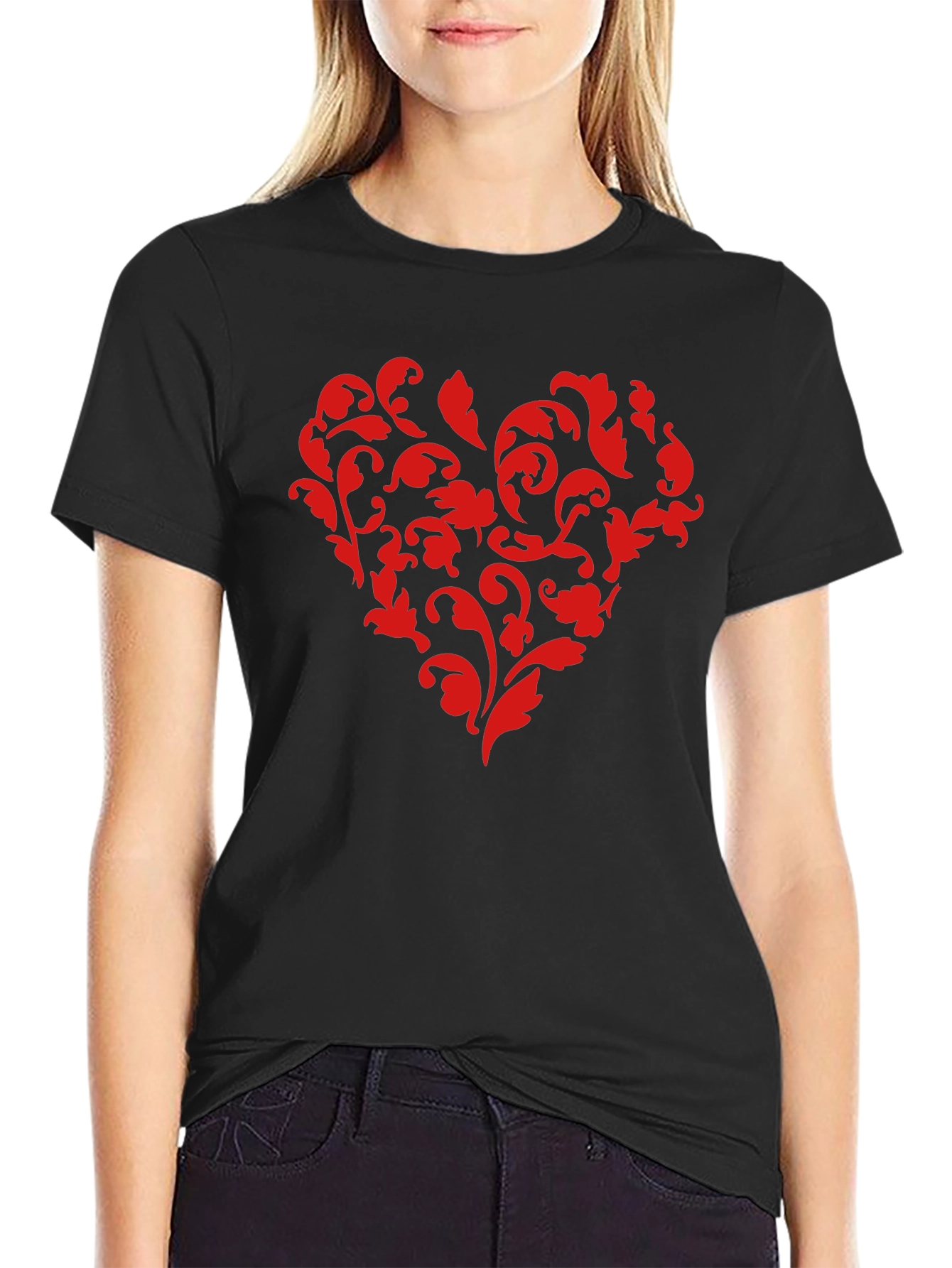 Floral Heart Graphic Black T-Shirt