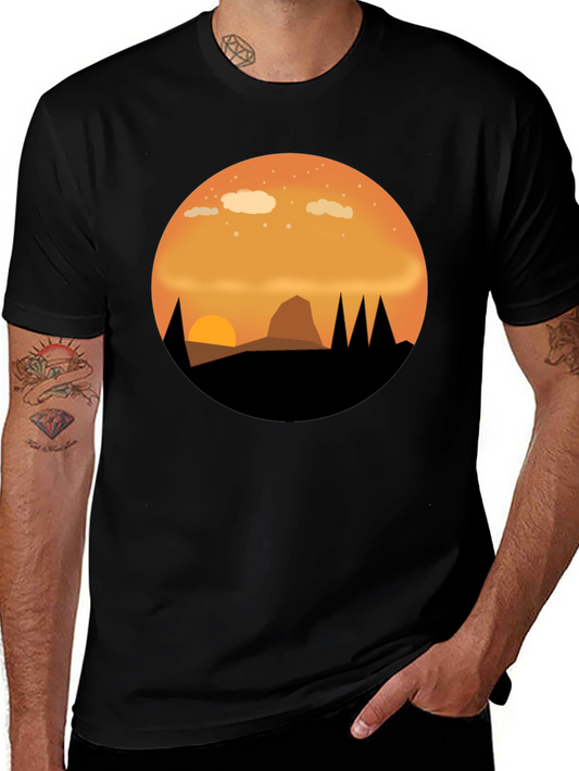 Sunset Mountain Graphic Tee - Black Cotton T-Shirt
